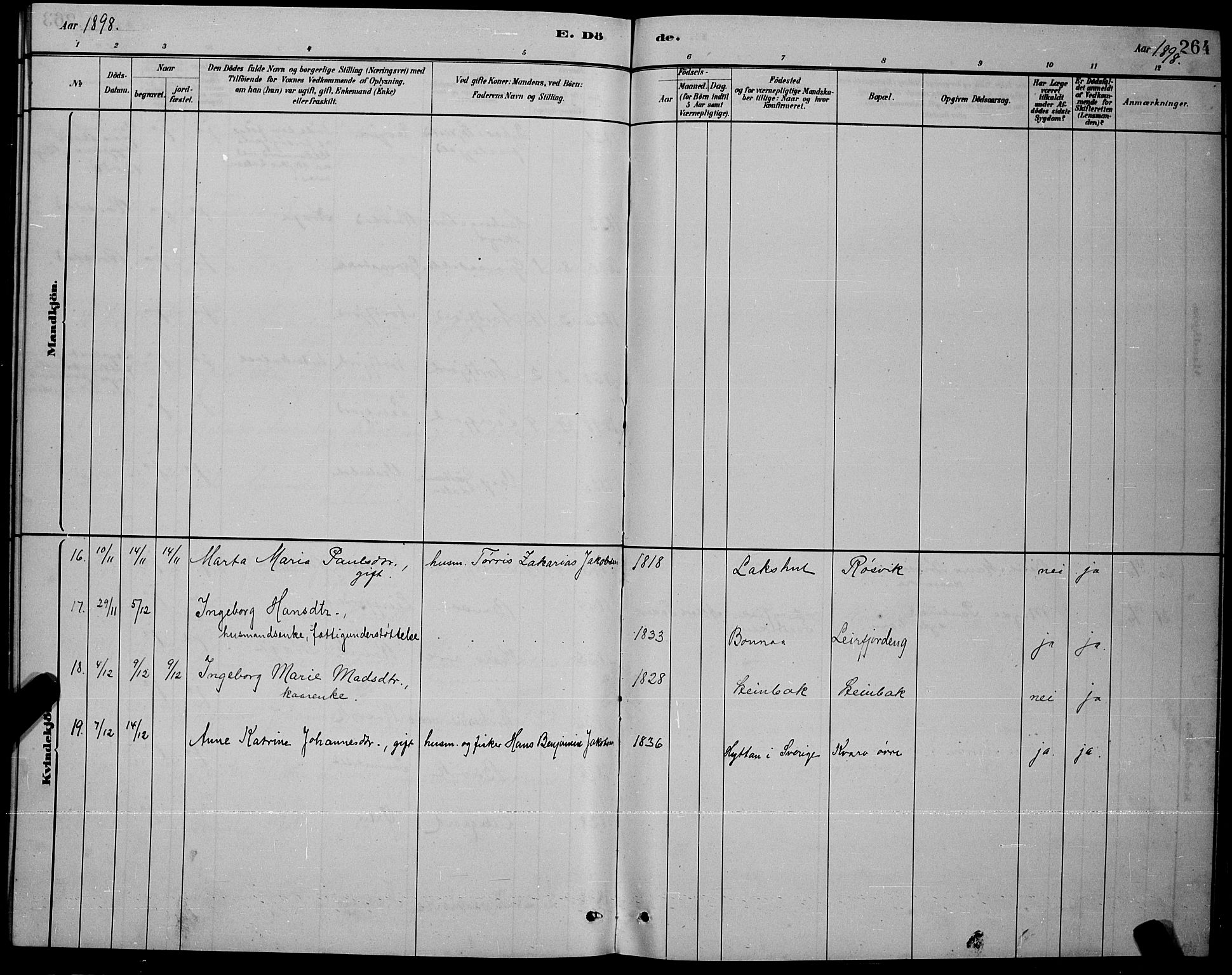 Ministerialprotokoller, klokkerbøker og fødselsregistre - Nordland, AV/SAT-A-1459/853/L0772: Parish register (official) no. 853A11, 1881-1900, p. 264