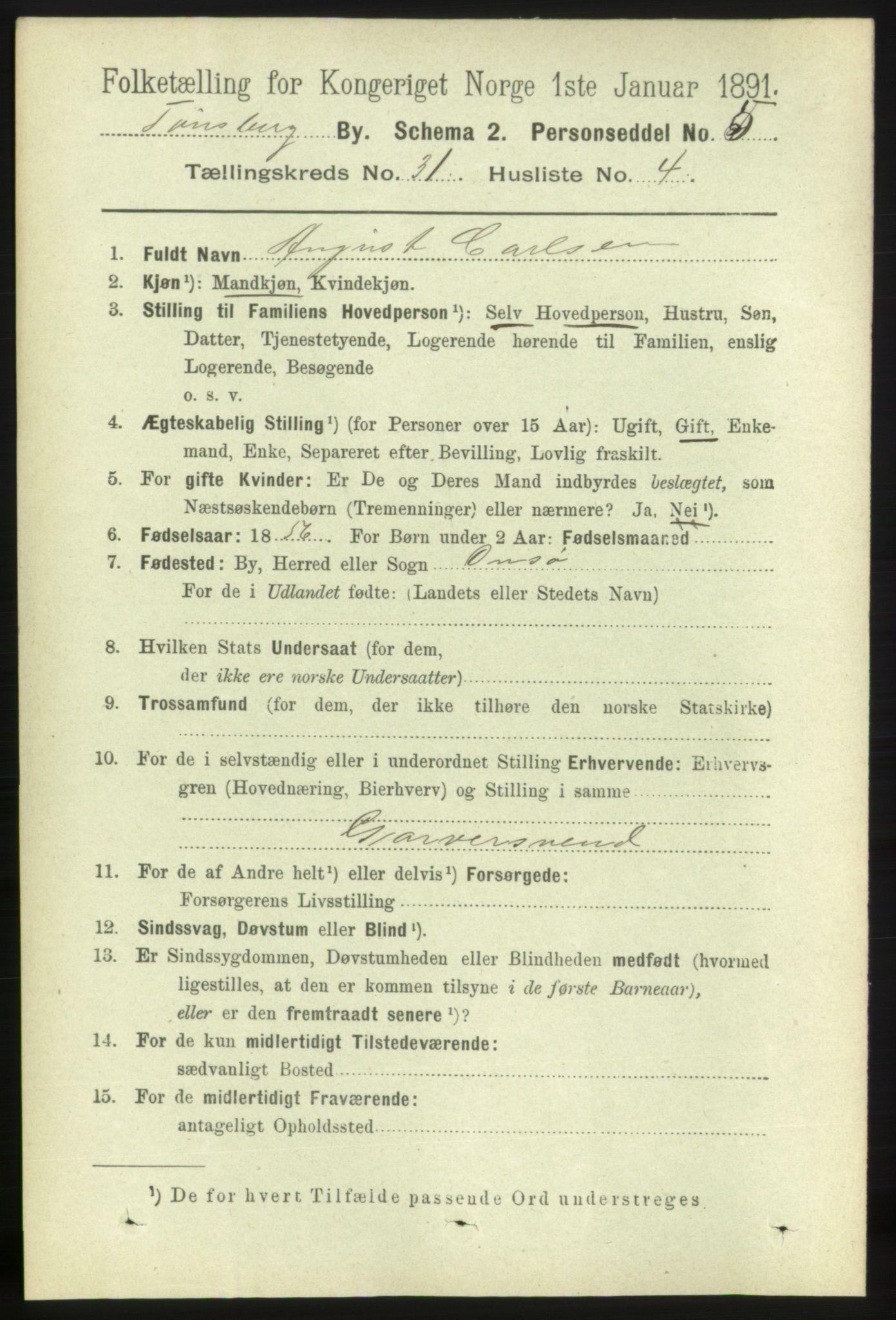 RA, 1891 census for 0705 Tønsberg, 1891, p. 7401