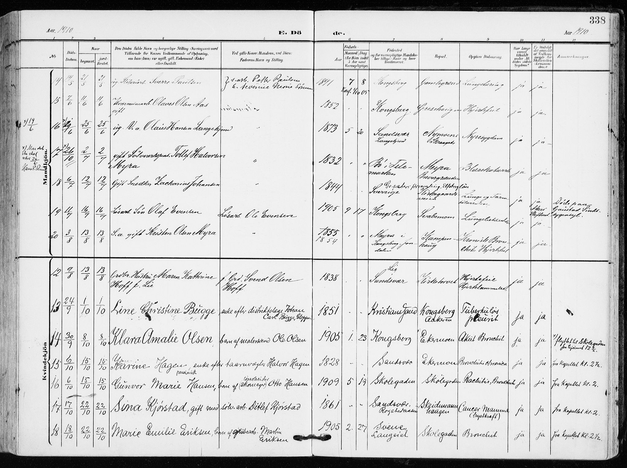 Kongsberg kirkebøker, AV/SAKO-A-22/F/Fb/L0004: Parish register (official) no. II 4, 1906-1918, p. 338