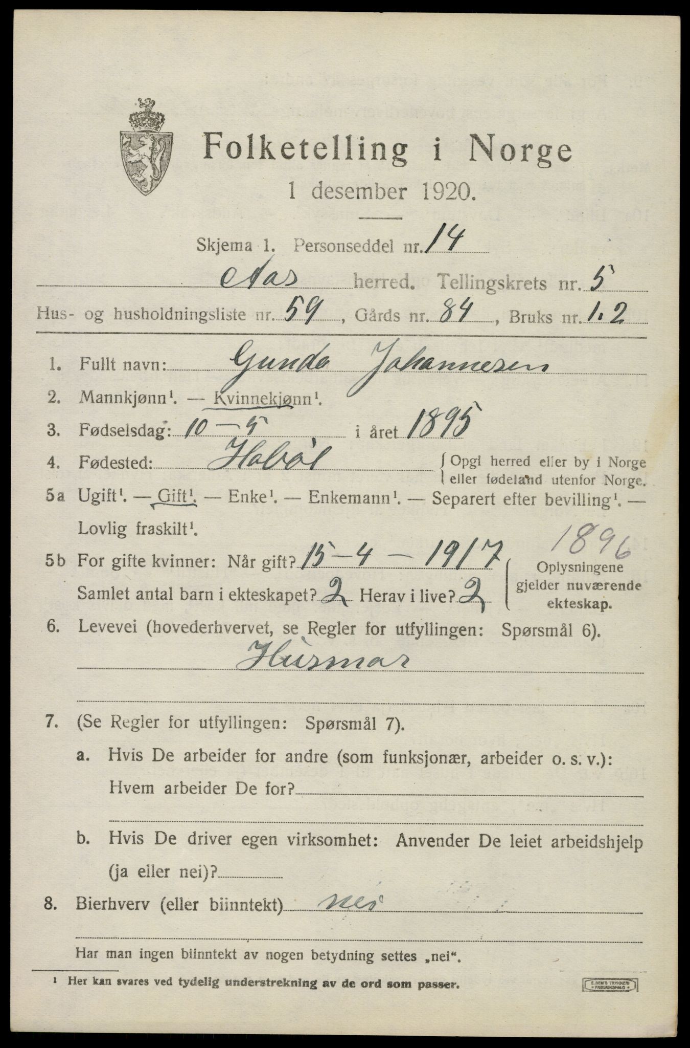 SAO, 1920 census for Ås, 1920, p. 6578