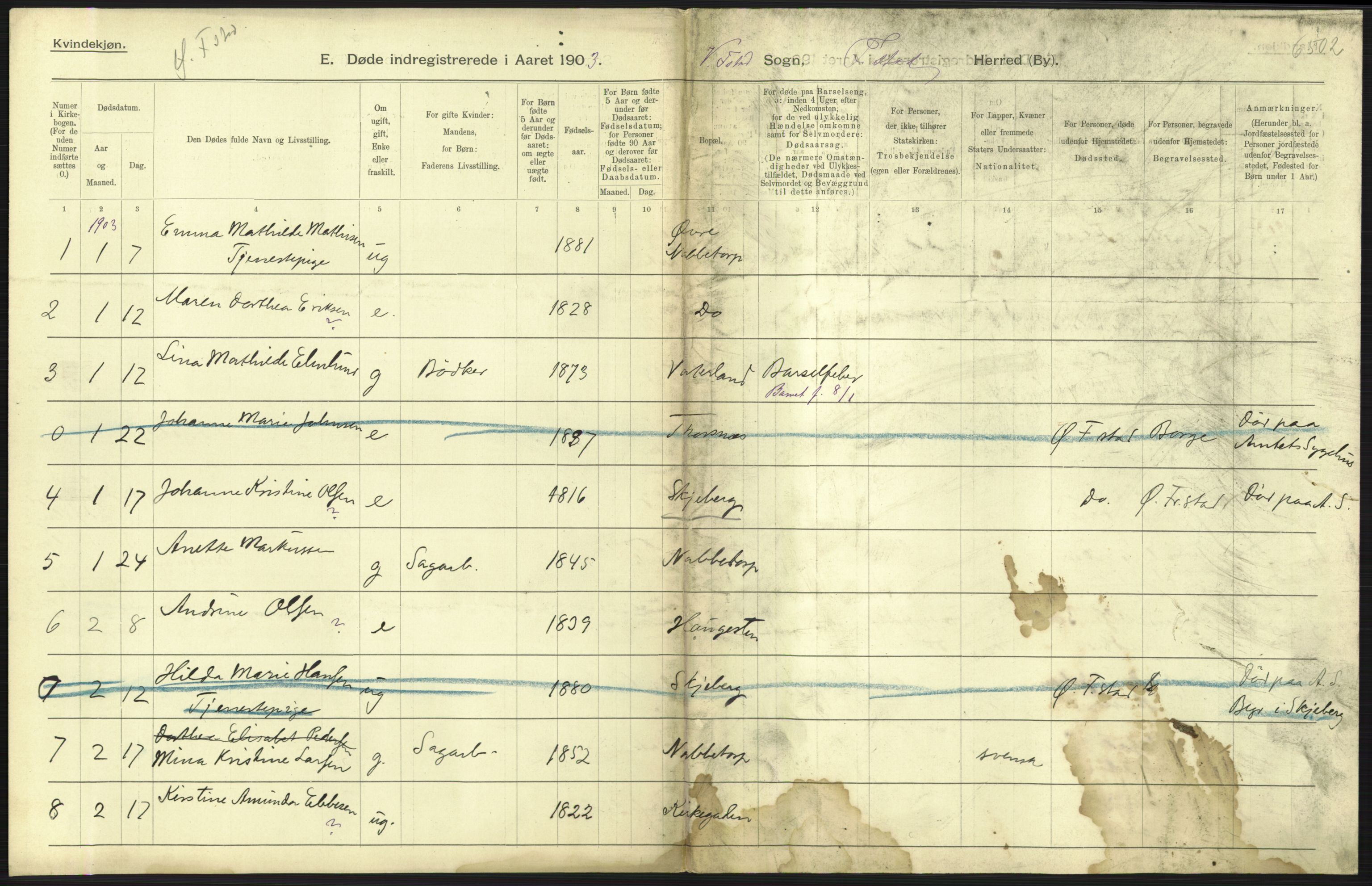 Statistisk sentralbyrå, Sosiodemografiske emner, Befolkning, AV/RA-S-2228/D/Df/Dfa/Dfaa/L0001: Smålenenes amt: Fødte, gifte, døde, 1903, p. 861