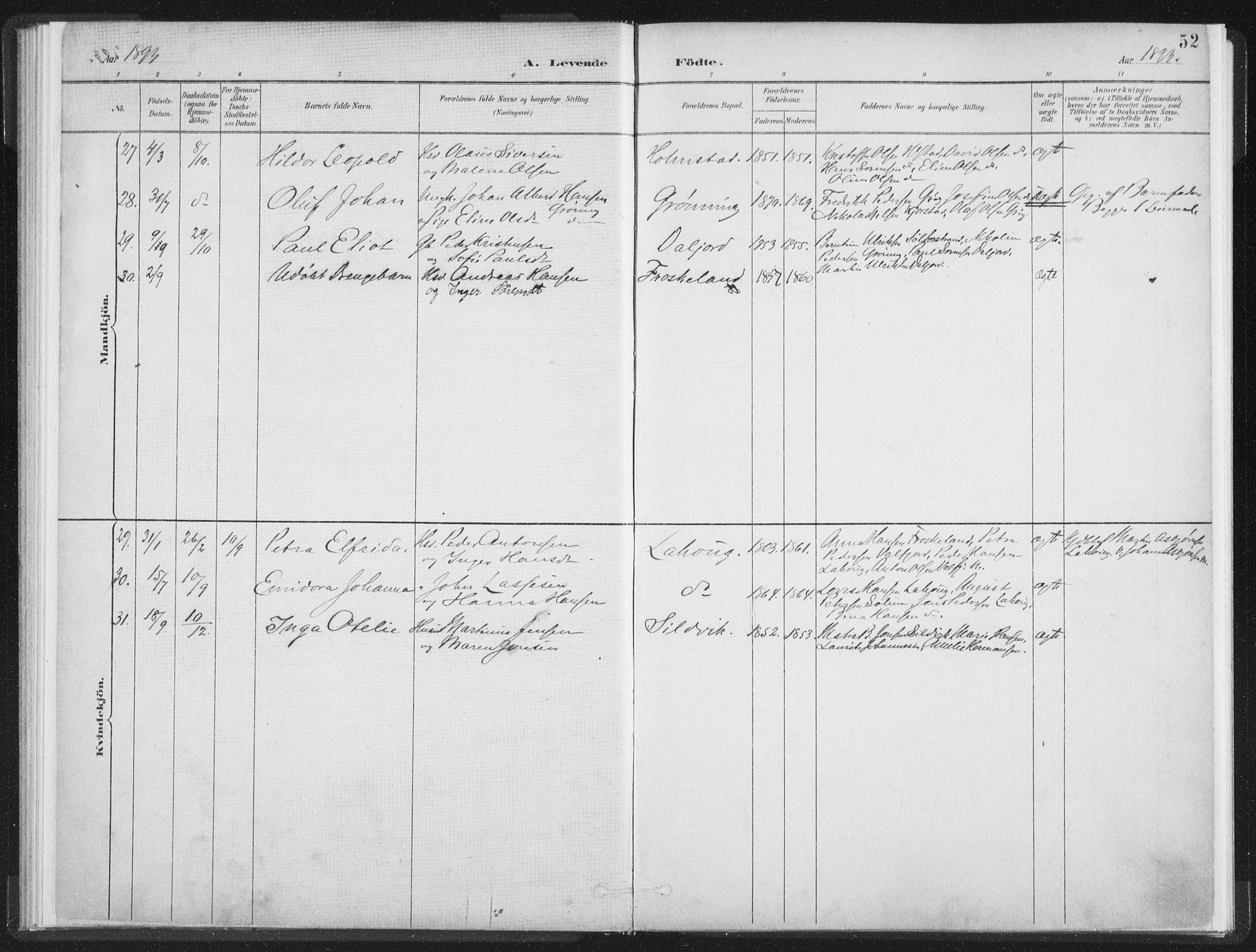 Ministerialprotokoller, klokkerbøker og fødselsregistre - Nordland, SAT/A-1459/890/L1286: Parish register (official) no. 890A01, 1882-1902, p. 52