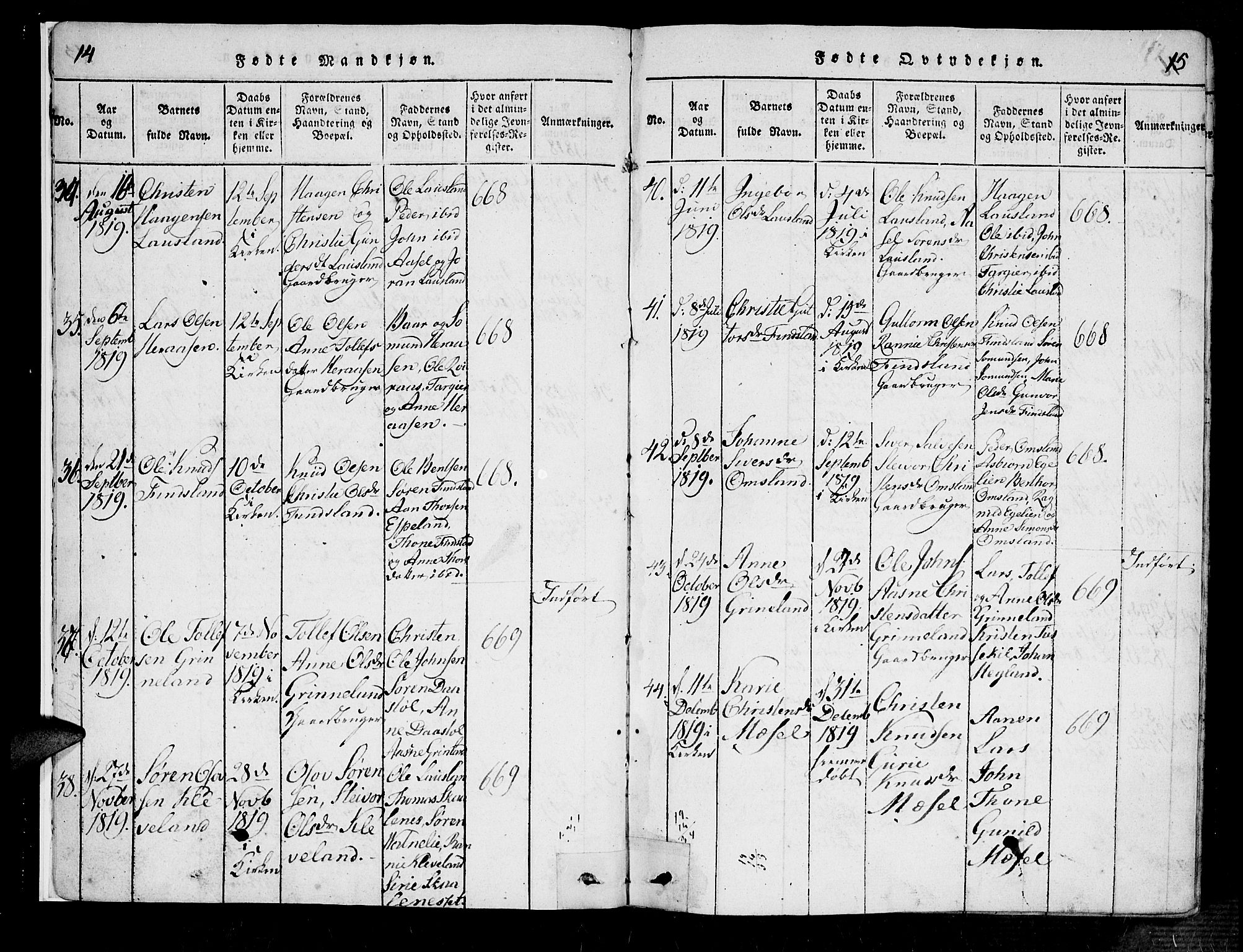 Bjelland sokneprestkontor, SAK/1111-0005/F/Fa/Fab/L0002: Parish register (official) no. A 2, 1816-1869, p. 14-15