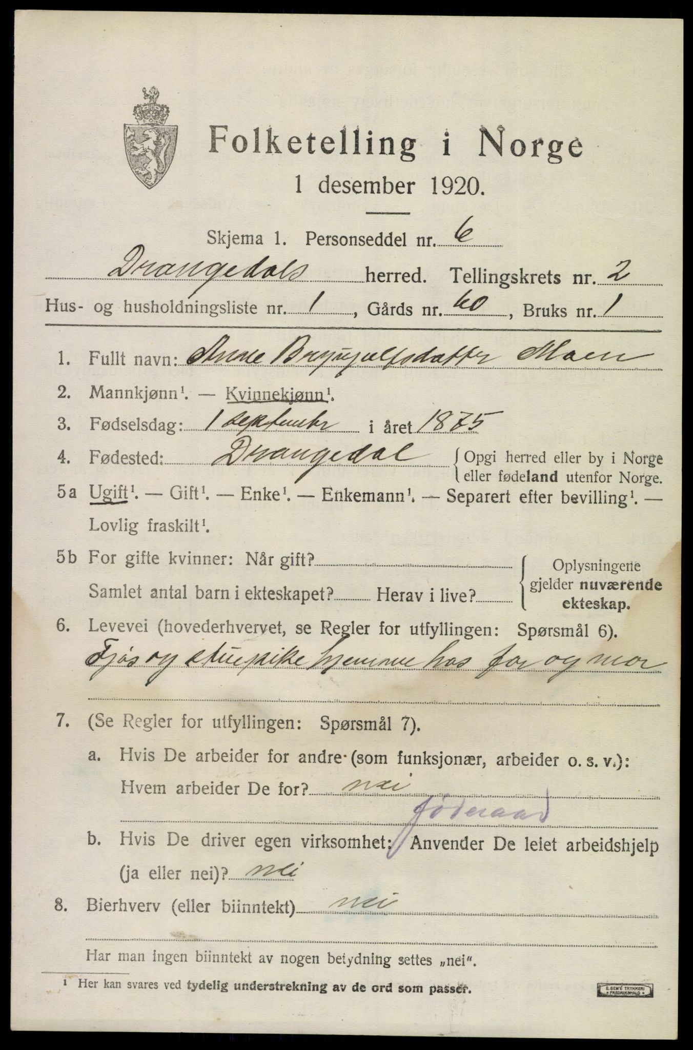 SAKO, 1920 census for Drangedal, 1920, p. 2079