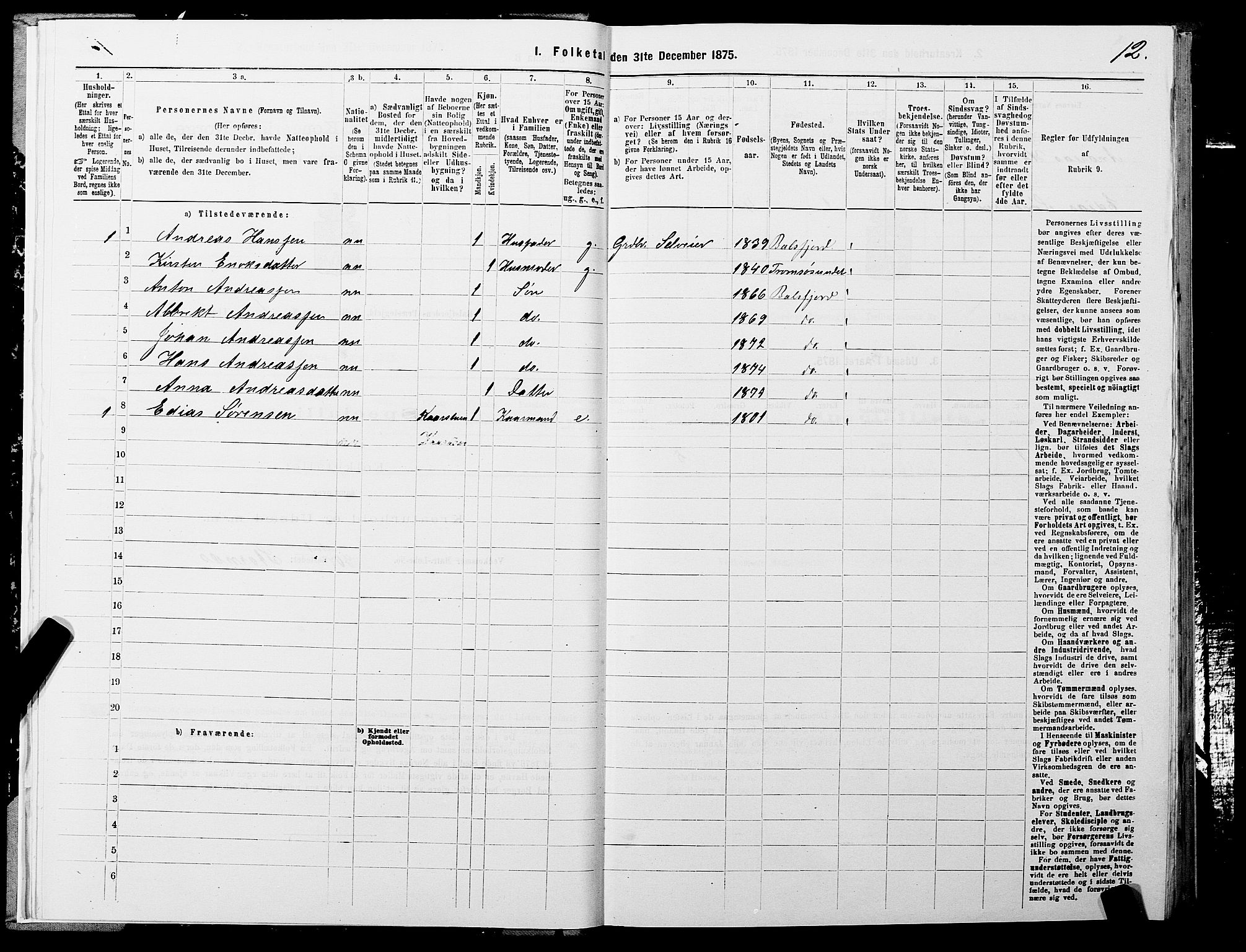 SATØ, 1875 census for 1933P Balsfjord, 1875, p. 1012