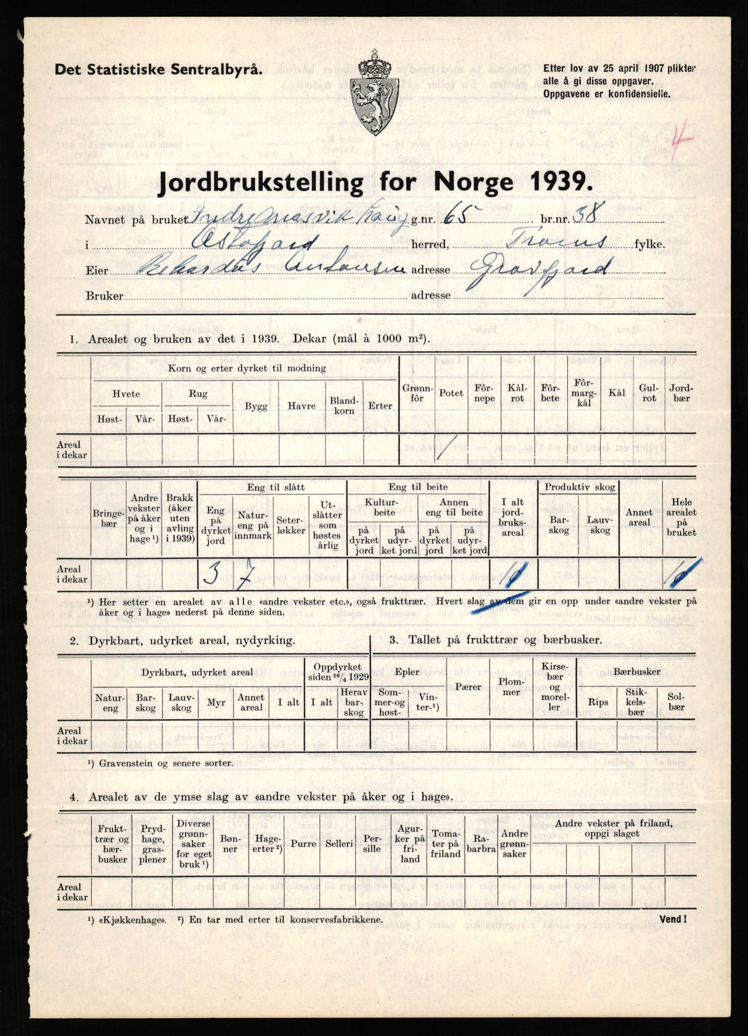 Statistisk sentralbyrå, Næringsøkonomiske emner, Jordbruk, skogbruk, jakt, fiske og fangst, AV/RA-S-2234/G/Gb/L0339: Troms: Andørja, Astafjord og Lavangen, 1939, p. 76