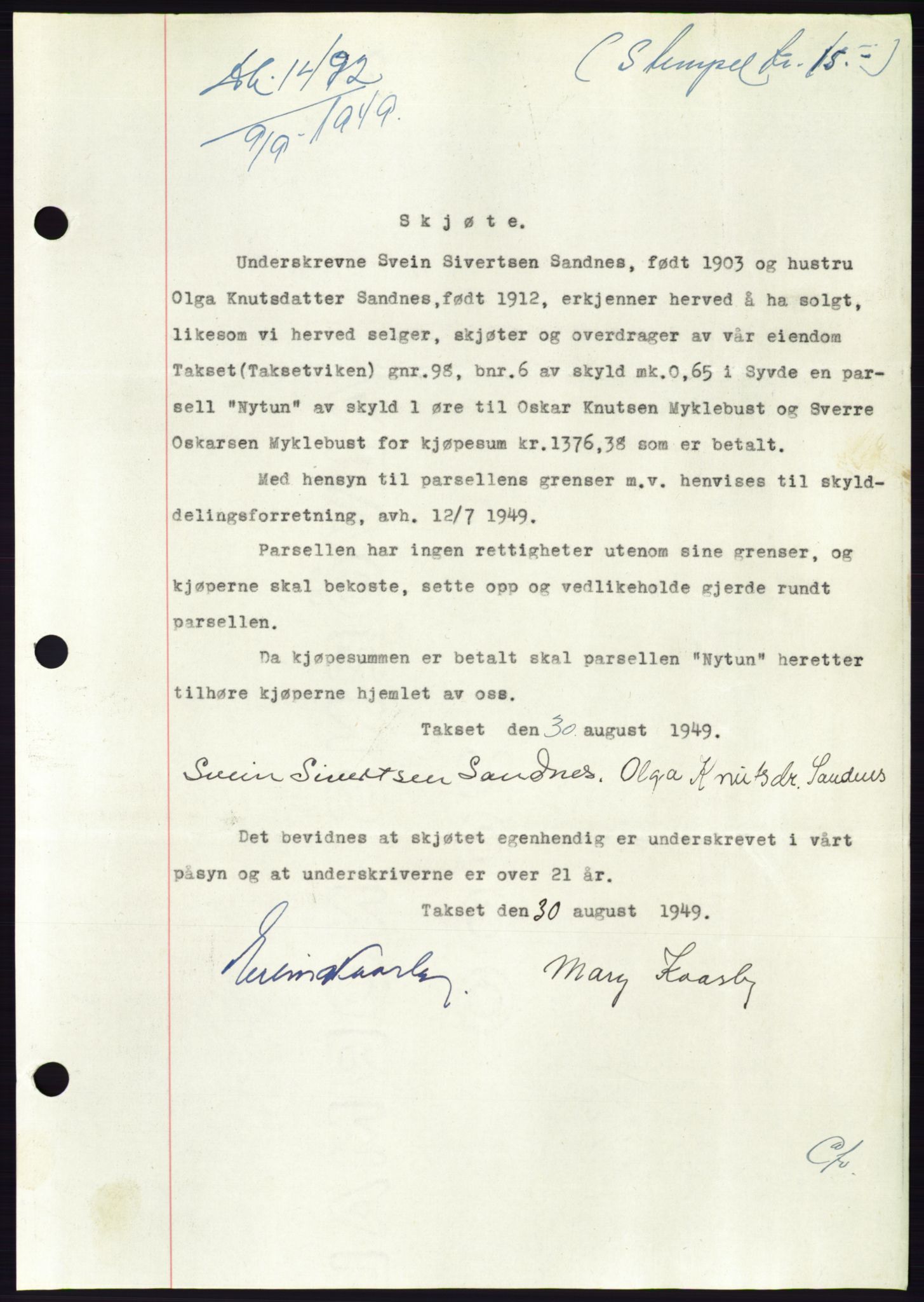 Søre Sunnmøre sorenskriveri, AV/SAT-A-4122/1/2/2C/L0085: Mortgage book no. 11A, 1949-1949, Diary no: : 1492/1949