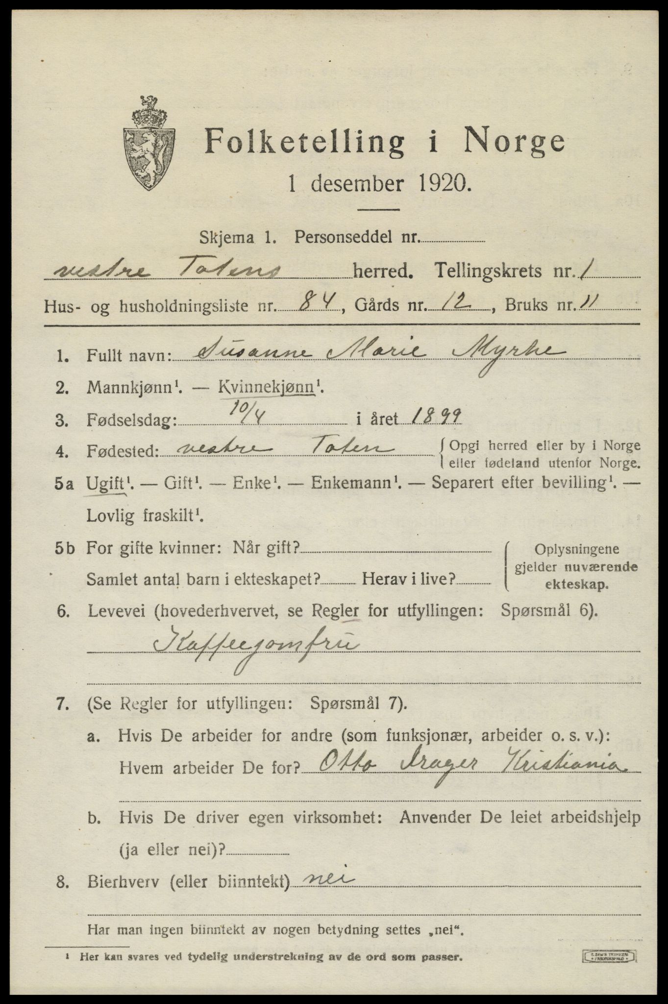 SAH, 1920 census for Vestre Toten, 1920, p. 2804