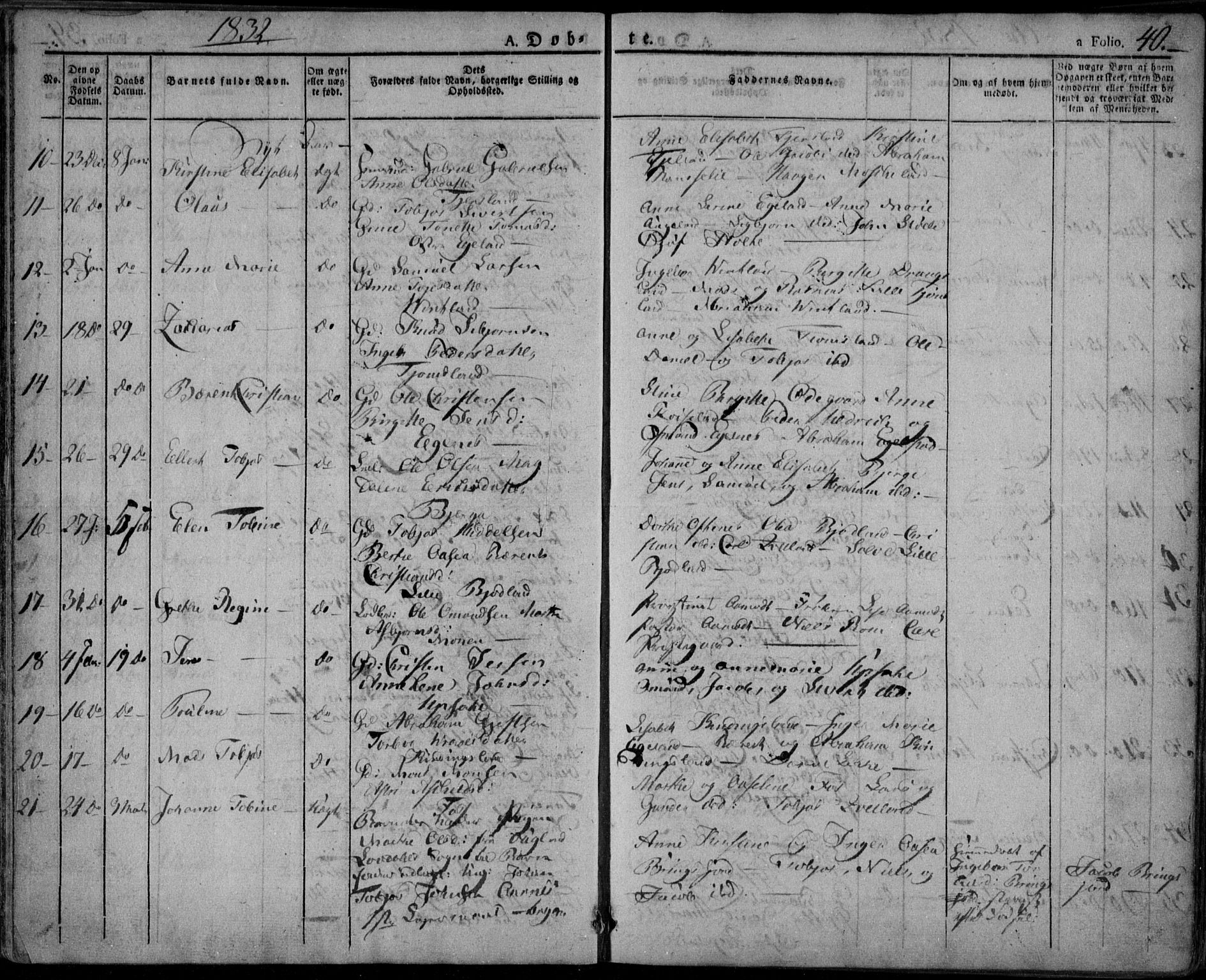 Lyngdal sokneprestkontor, SAK/1111-0029/F/Fa/Fac/L0007: Parish register (official) no. A 7, 1825-1838, p. 40