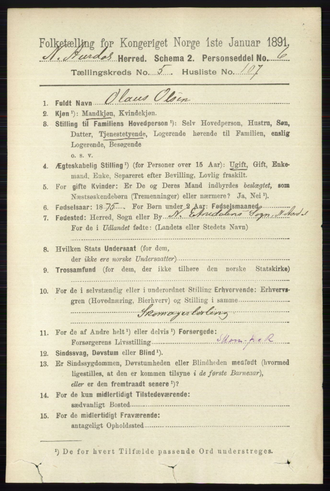 RA, 1891 census for 0542 Nord-Aurdal, 1891, p. 2042