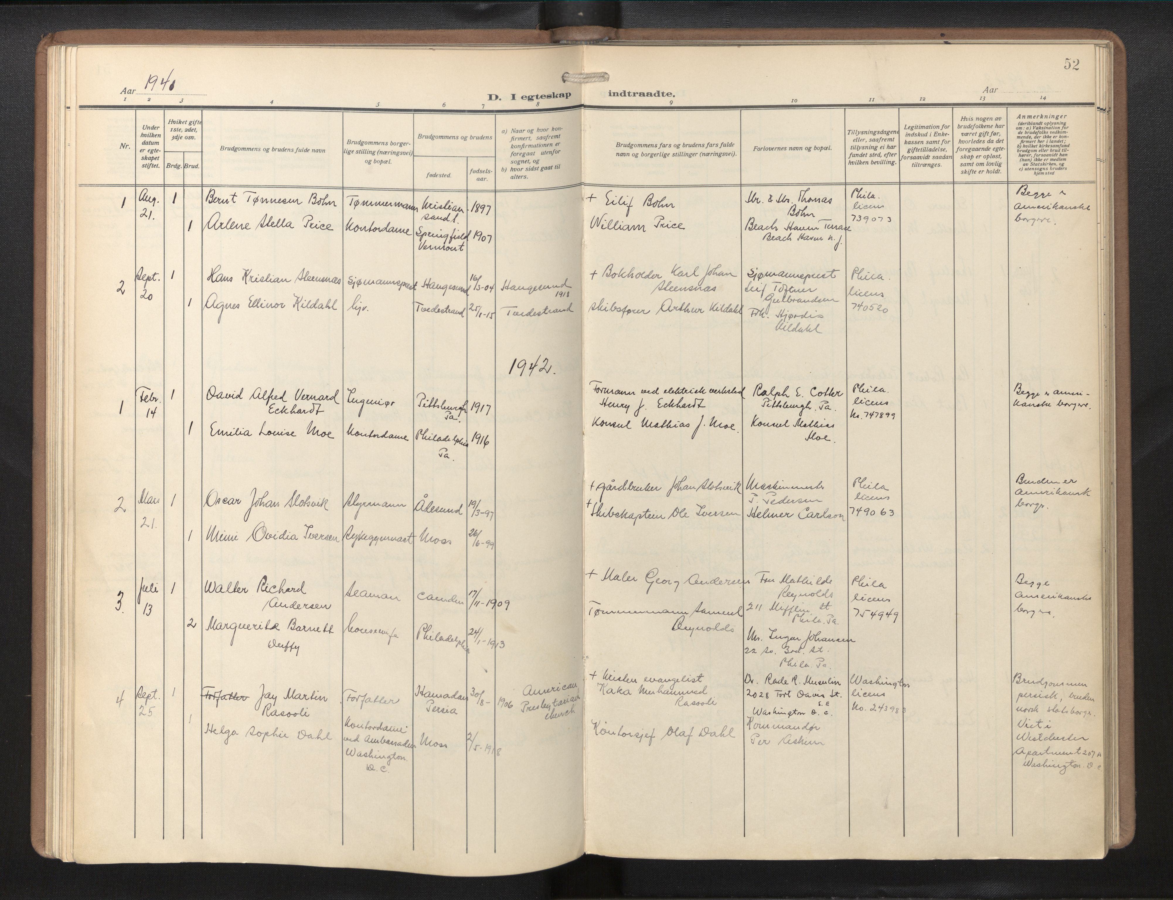 Den norske sjømannsmisjon i utlandet/Philadelphia, AV/SAB-SAB/PA-0113/H/Ha/L0002: Parish register (official) no. A 2, 1931-1957, p. 51b-52a