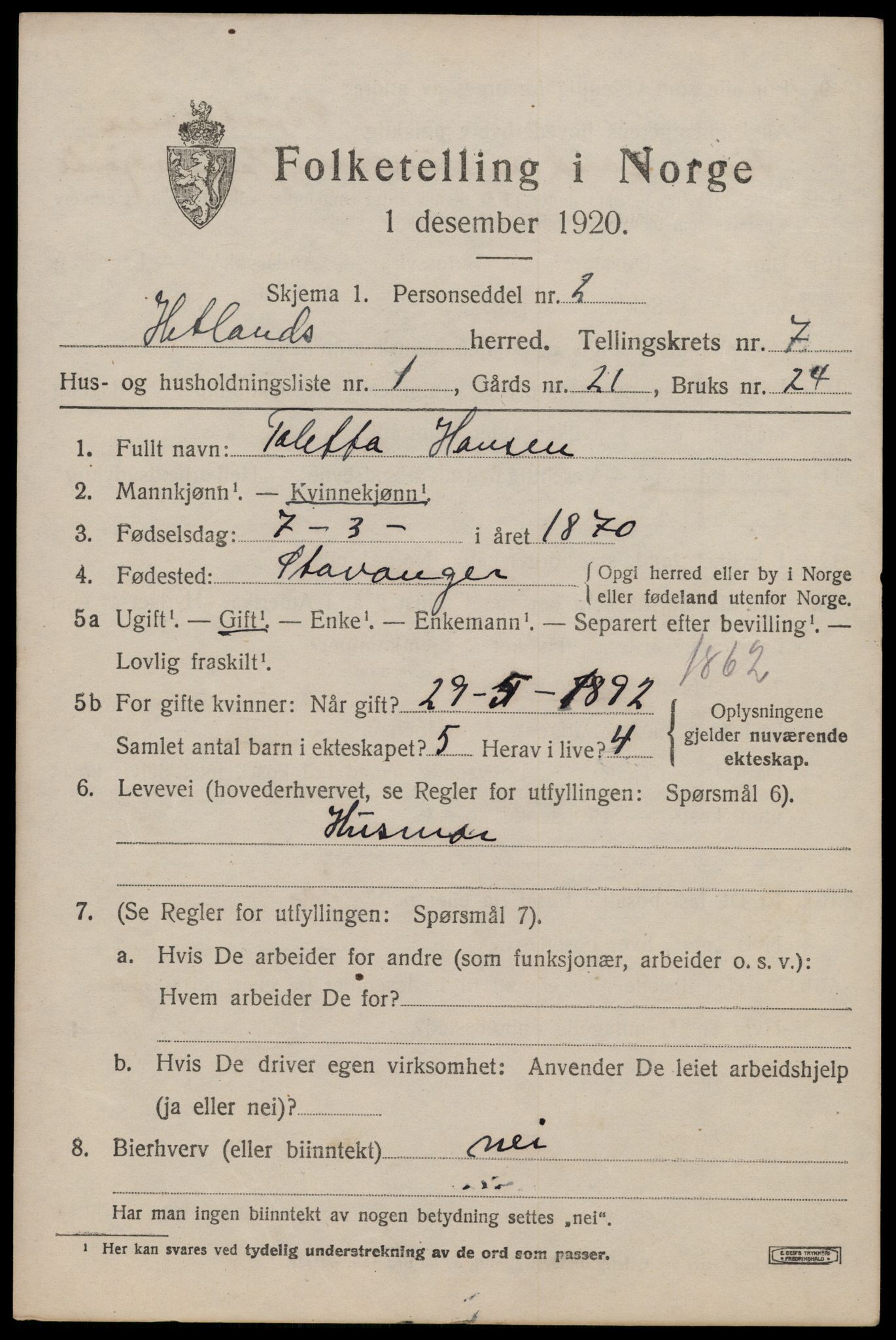 SAST, 1920 census for Hetland, 1920, p. 13889