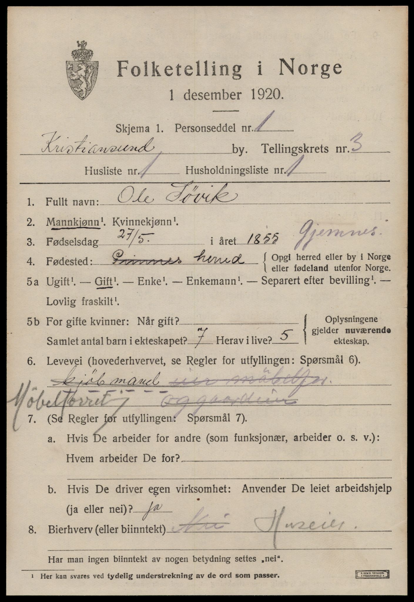 SAT, 1920 census for Kristiansund, 1920, p. 13997