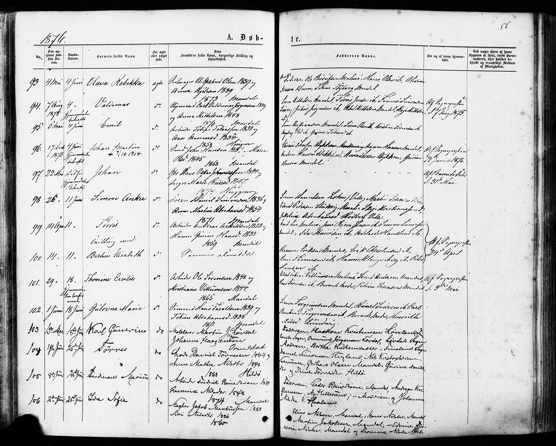 Mandal sokneprestkontor, SAK/1111-0030/F/Fa/Faa/L0015: Parish register (official) no. A 15, 1873-1879, p. 56