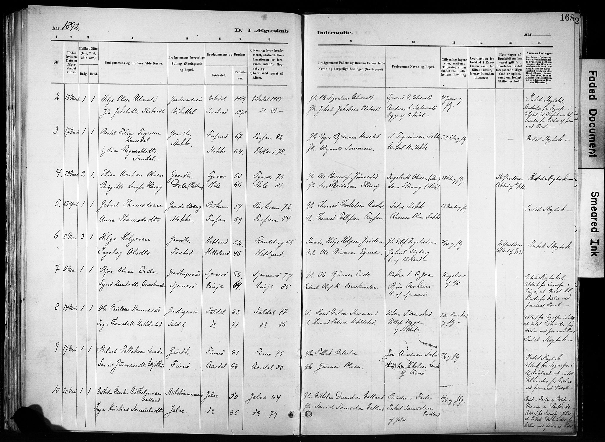 Hetland sokneprestkontor, SAST/A-101826/30/30BA/L0011: Parish register (official) no. A 11, 1884-1911, p. 168