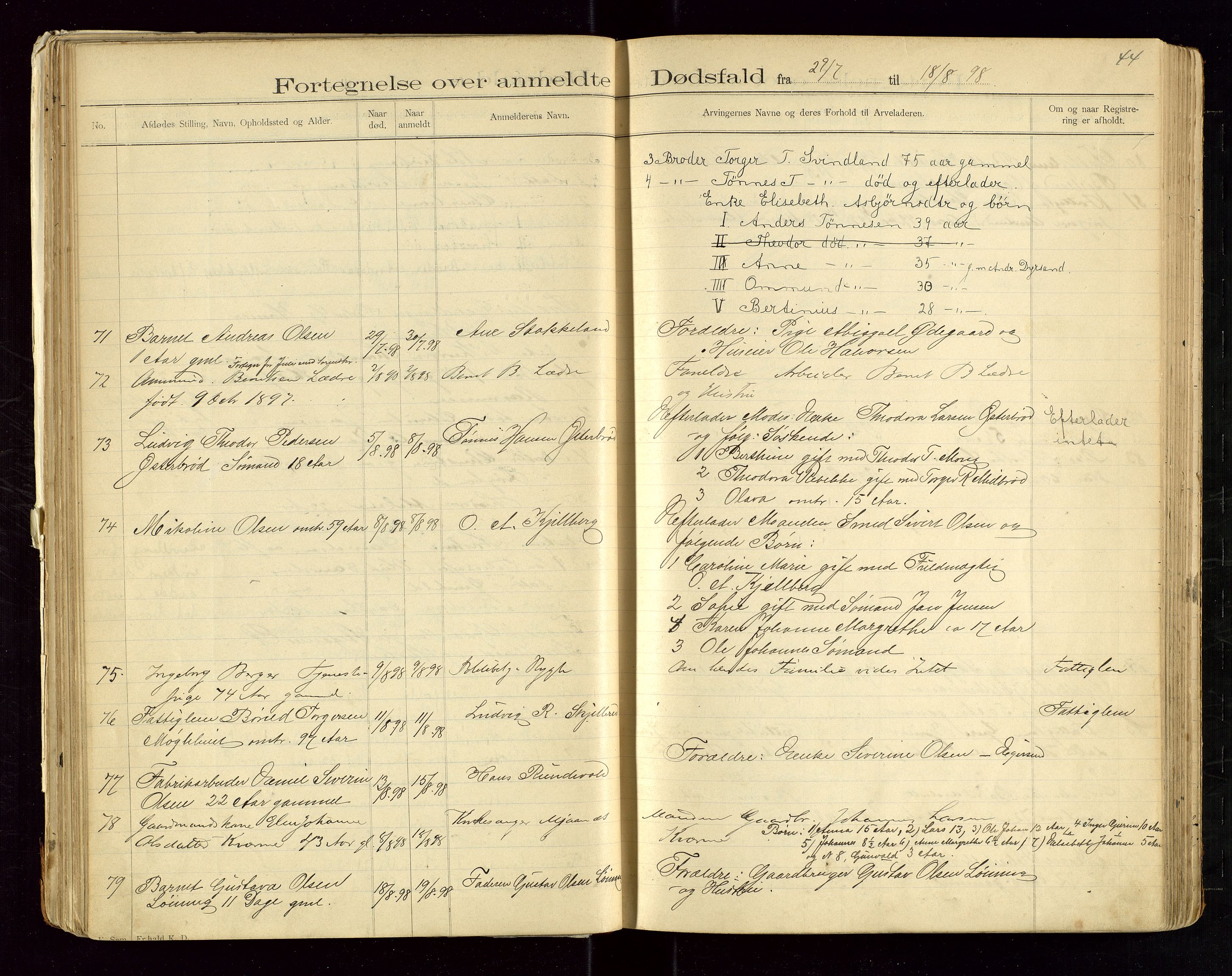 Eigersund lensmannskontor, AV/SAST-A-100171/Gga/L0004: "Dødsfalds-Protokol" m/alfabetisk navneregister, 1895-1905, p. 44