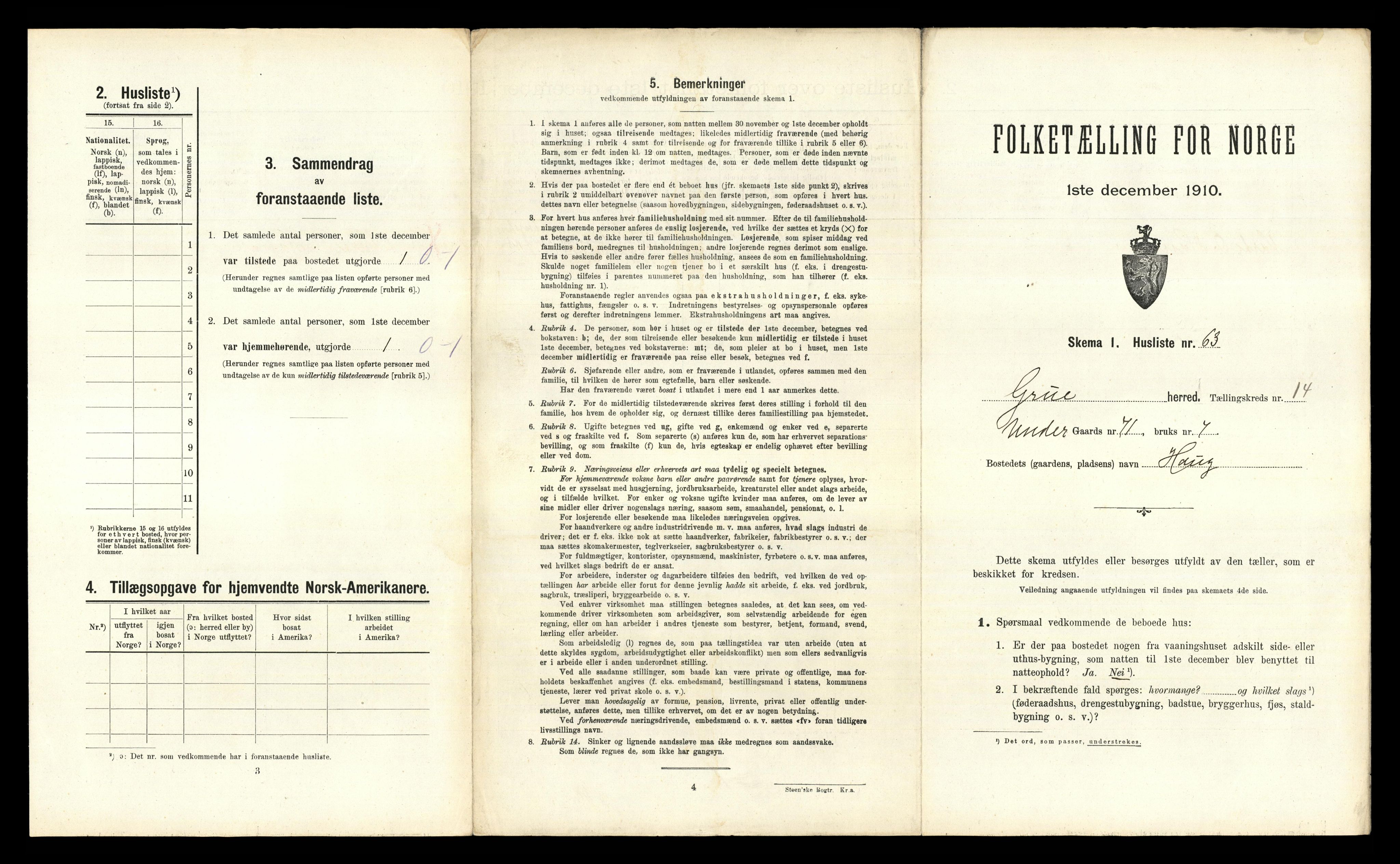 RA, 1910 census for Grue, 1910, p. 1825
