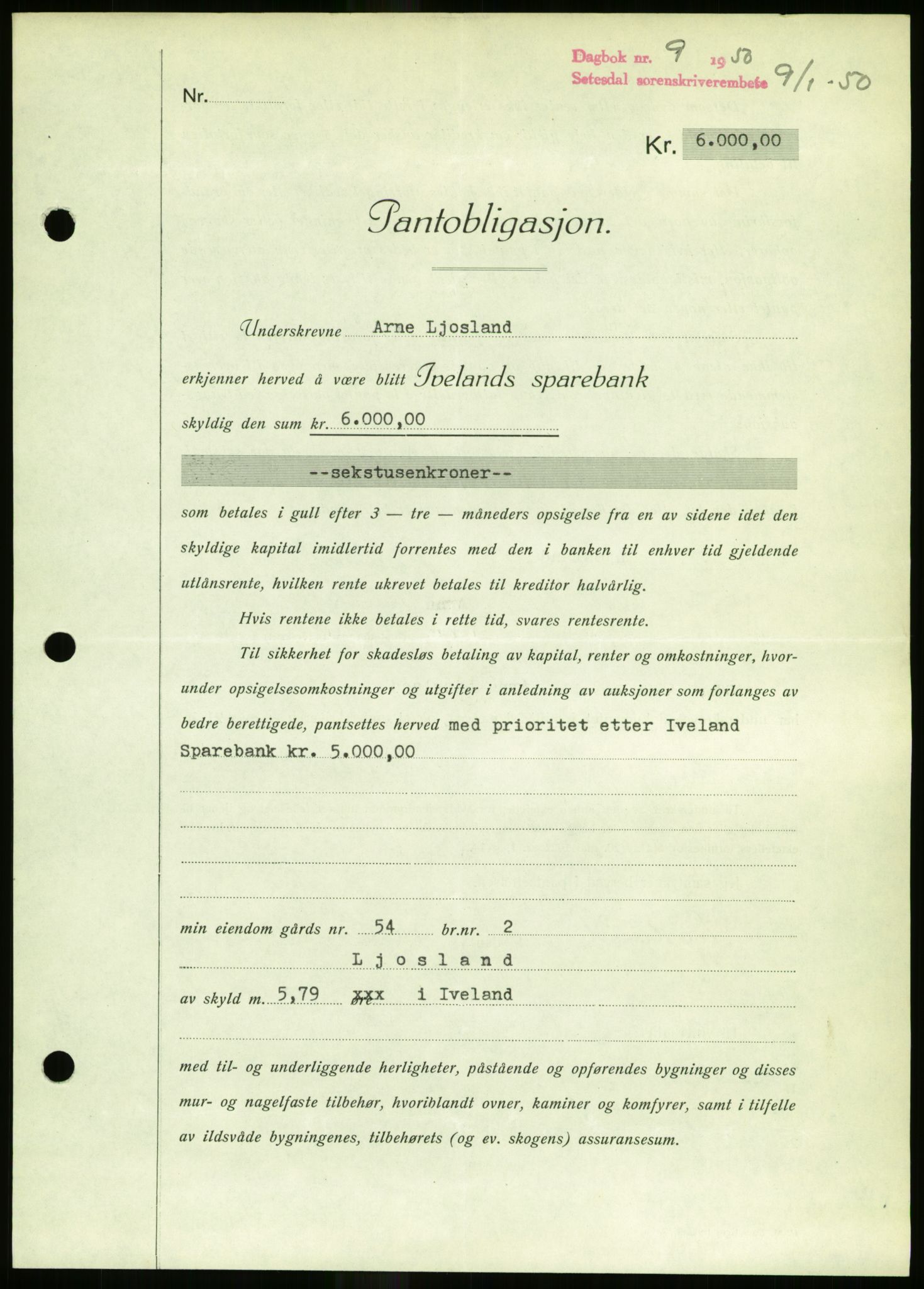Setesdal sorenskriveri, SAK/1221-0011/G/Gb/L0050: Mortgage book no. B 38, 1949-1952, Diary no: : 9/1950