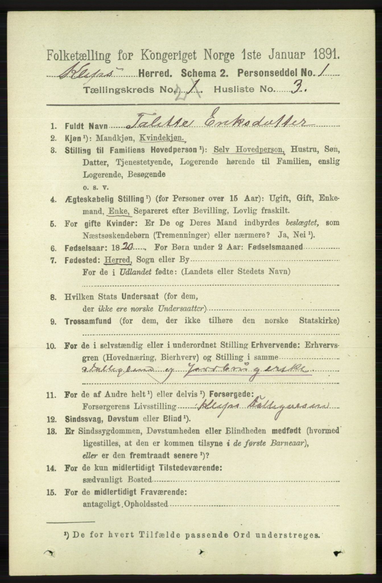 RA, 1891 census for 1120 Klepp, 1891, p. 368