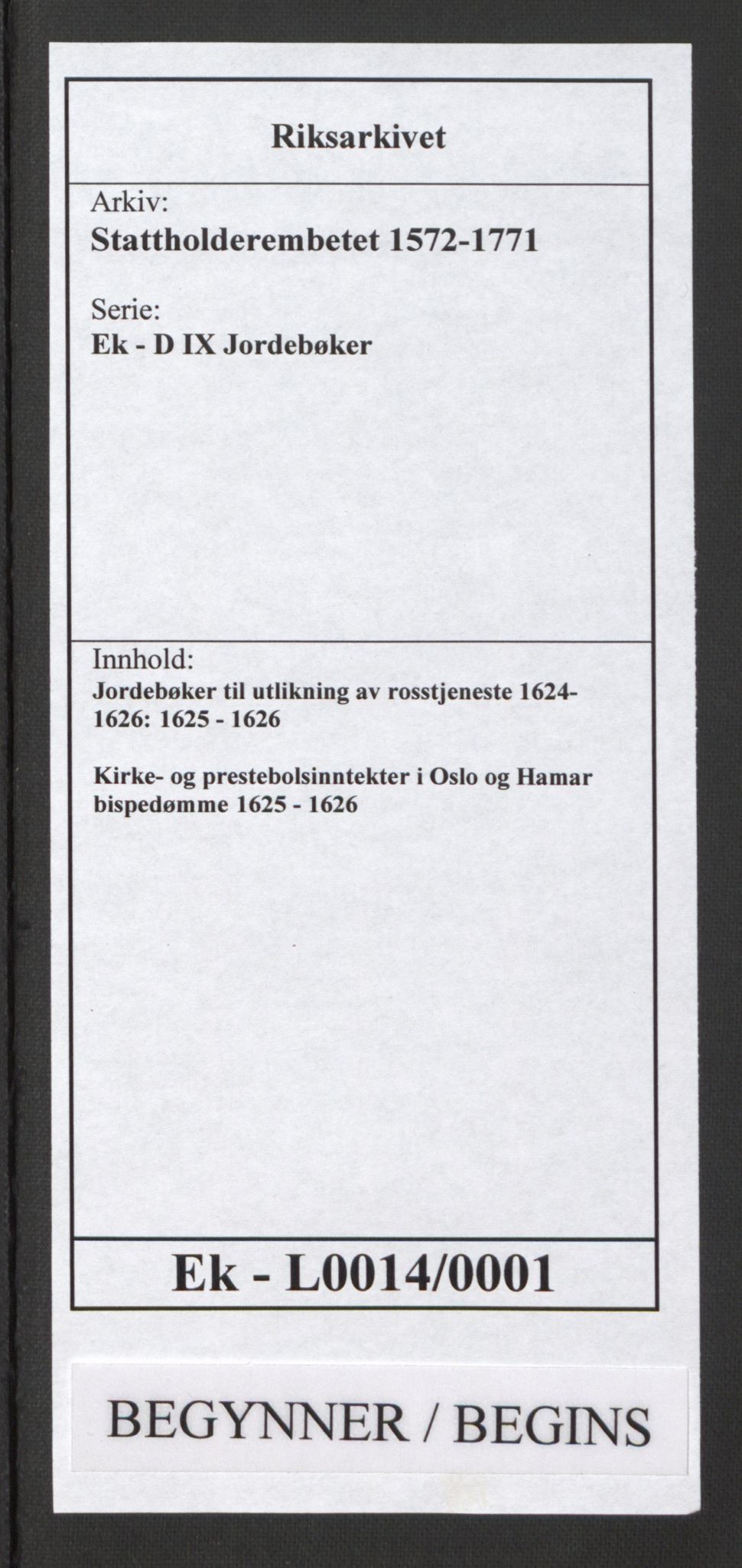 Stattholderembetet 1572-1771, RA/EA-2870/Ek/L0014/0001: Jordebøker til utlikning av rosstjeneste 1624-1626: / Kirke- og prestebolsinntekter i Oslo og Hamar bispedømme, 1625-1626, p. 1