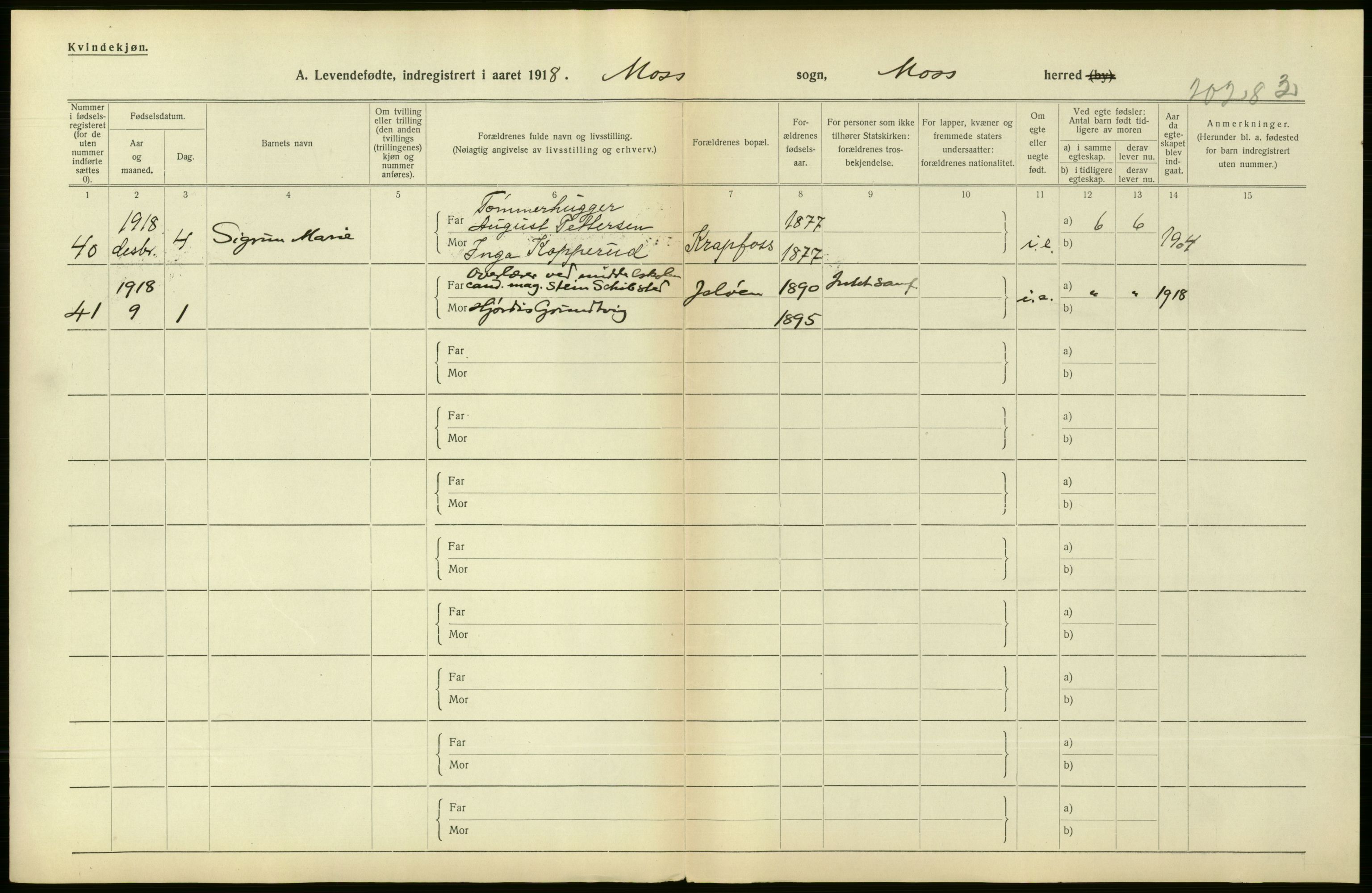 Statistisk sentralbyrå, Sosiodemografiske emner, Befolkning, RA/S-2228/D/Df/Dfb/Dfbh/L0001: Østfold fylke: Levendefødte menn og kvinner. Bygder., 1918, p. 452