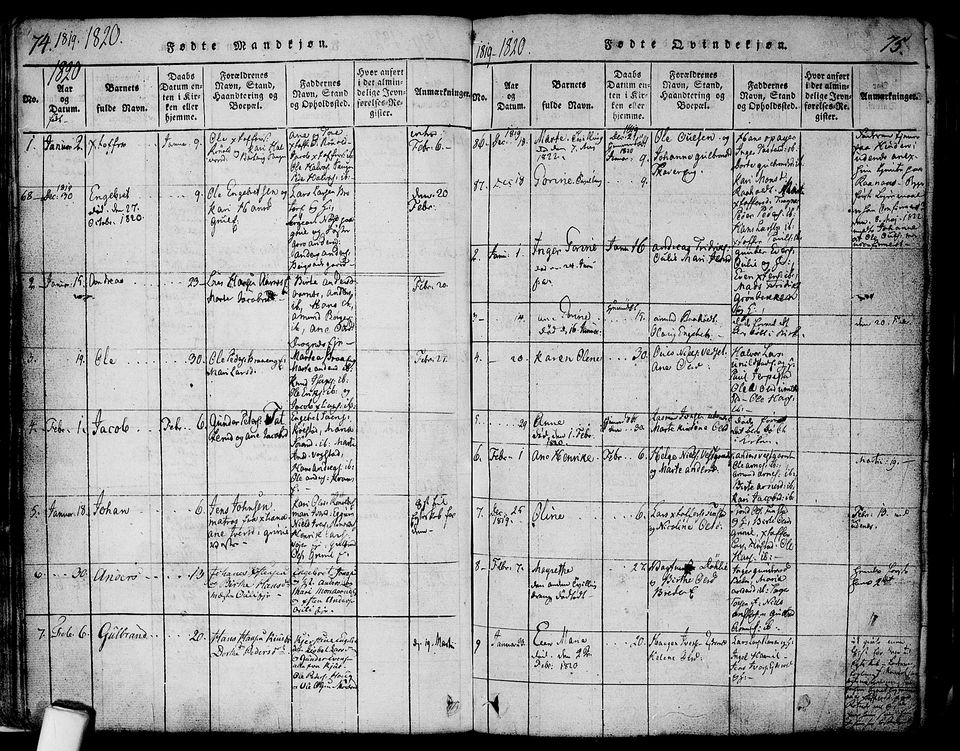 Nes prestekontor Kirkebøker, AV/SAO-A-10410/F/Fa/L0005: Parish register (official) no. I 5, 1815-1835, p. 74-75