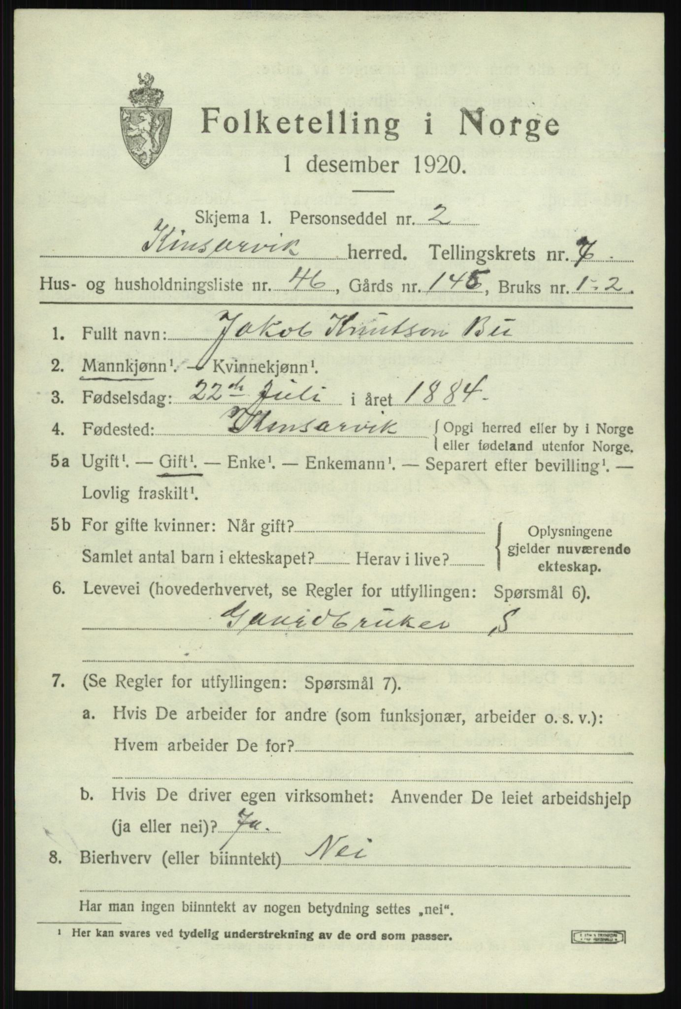 SAB, 1920 census for Kinsarvik, 1920, p. 3586