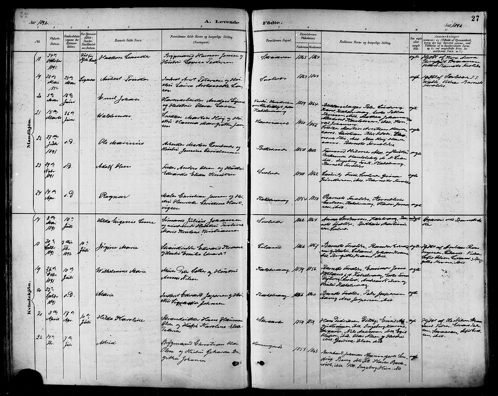 Ministerialprotokoller, klokkerbøker og fødselsregistre - Nordland, SAT/A-1459/874/L1060: Parish register (official) no. 874A04, 1890-1899, p. 27