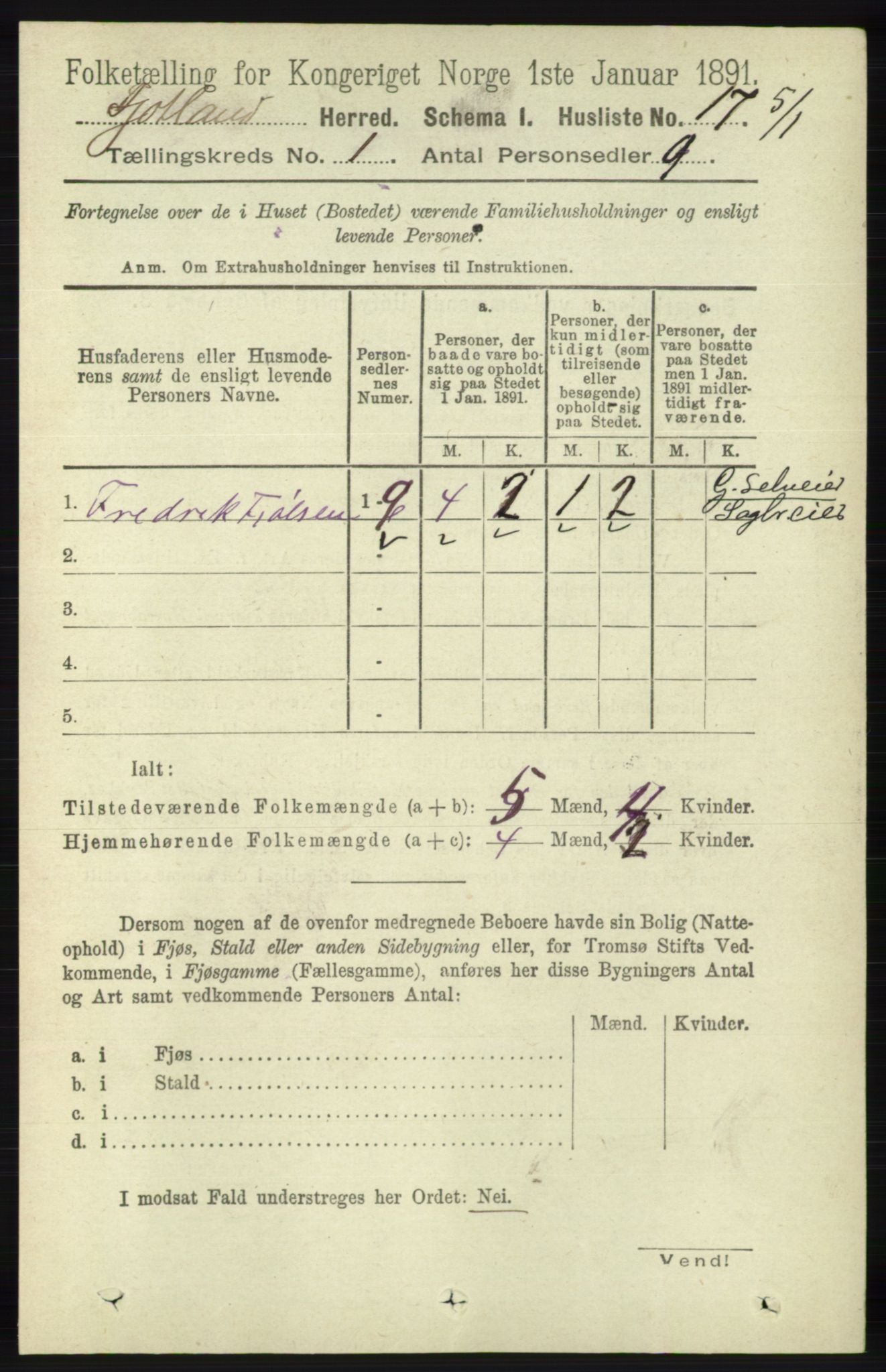 RA, 1891 census for 1036 Fjotland, 1891, p. 41