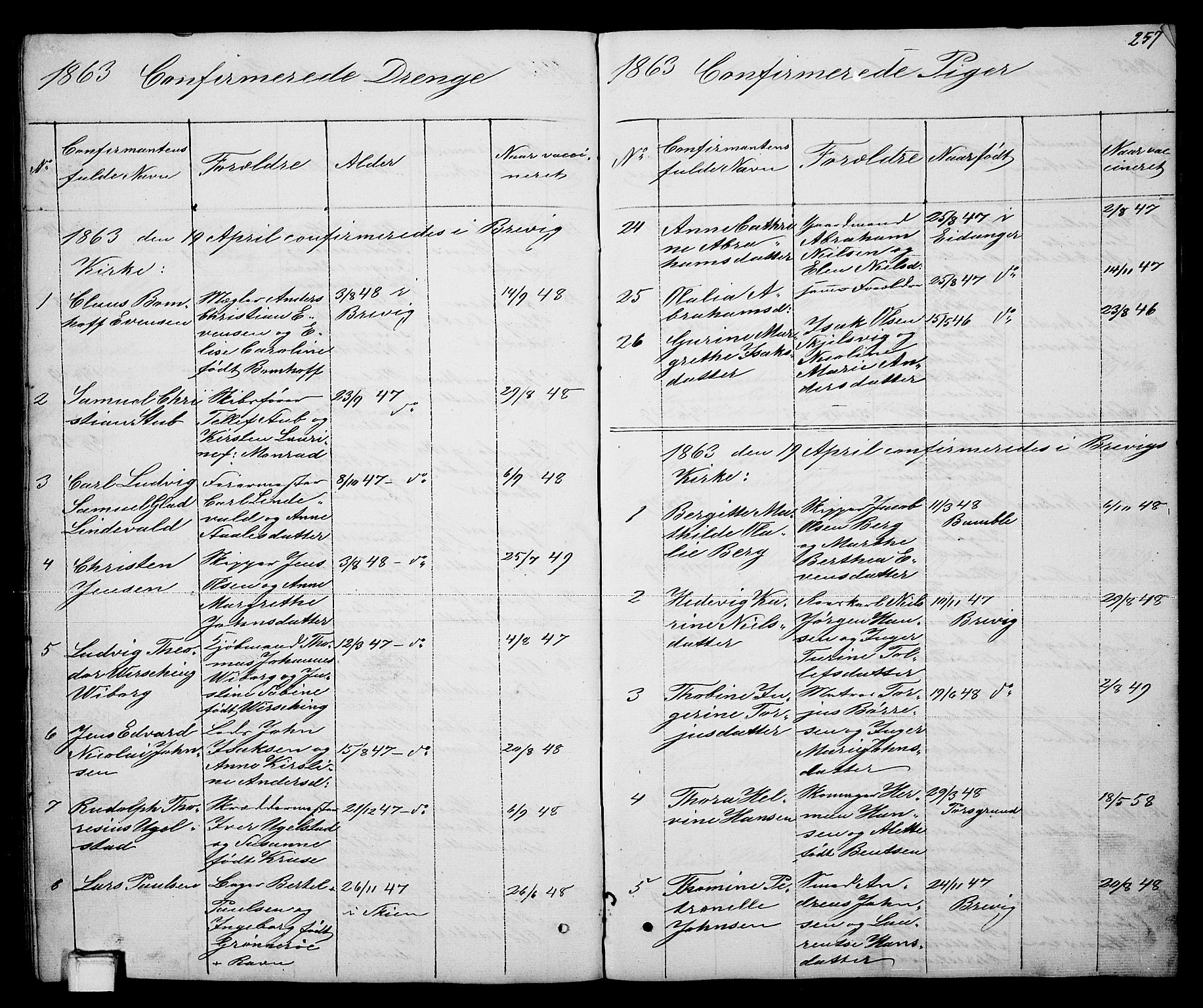 Brevik kirkebøker, SAKO/A-255/G/Ga/L0002: Parish register (copy) no. 2, 1846-1865, p. 257