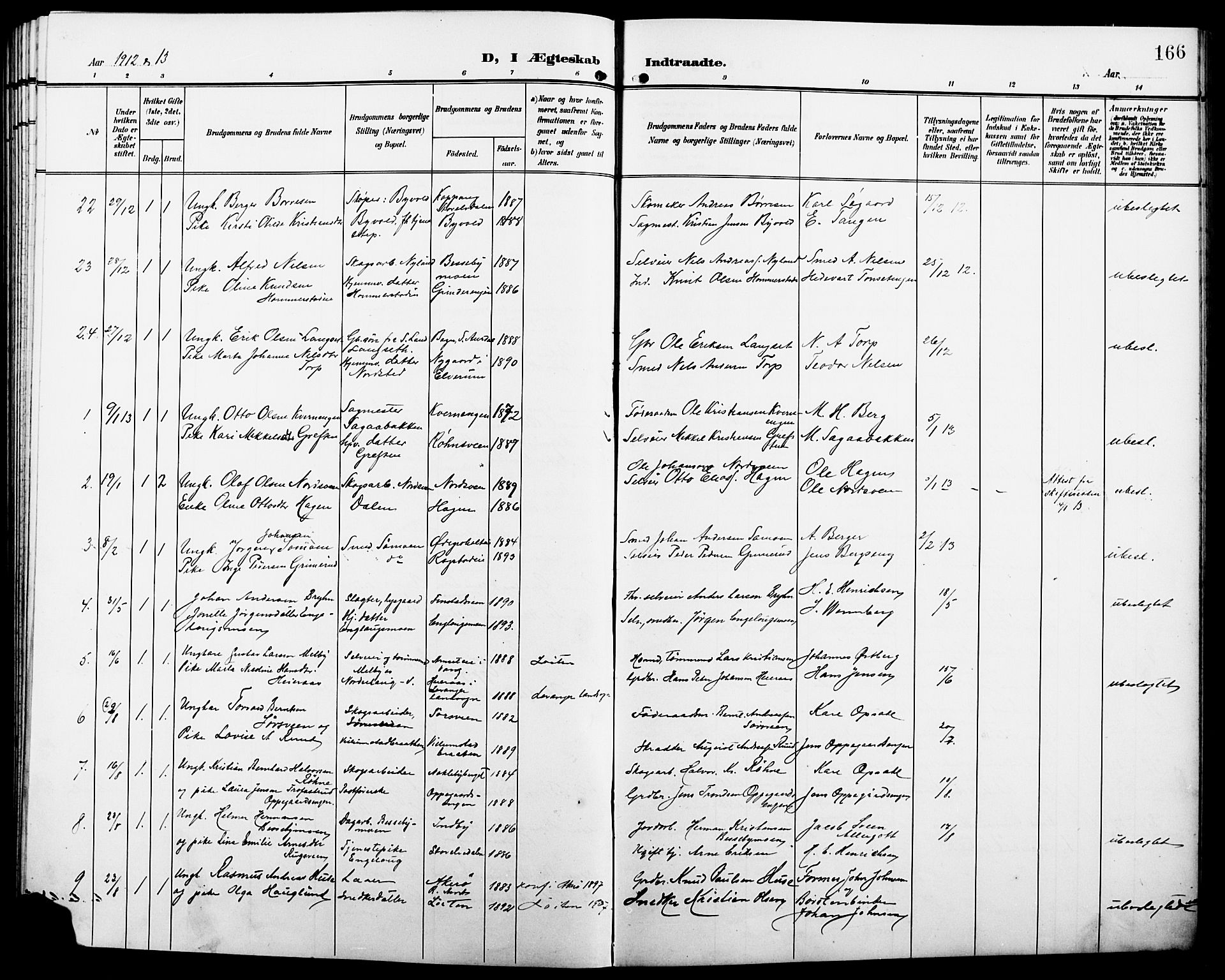 Løten prestekontor, SAH/PREST-022/L/La/L0007: Parish register (copy) no. 7, 1910-1919, p. 166