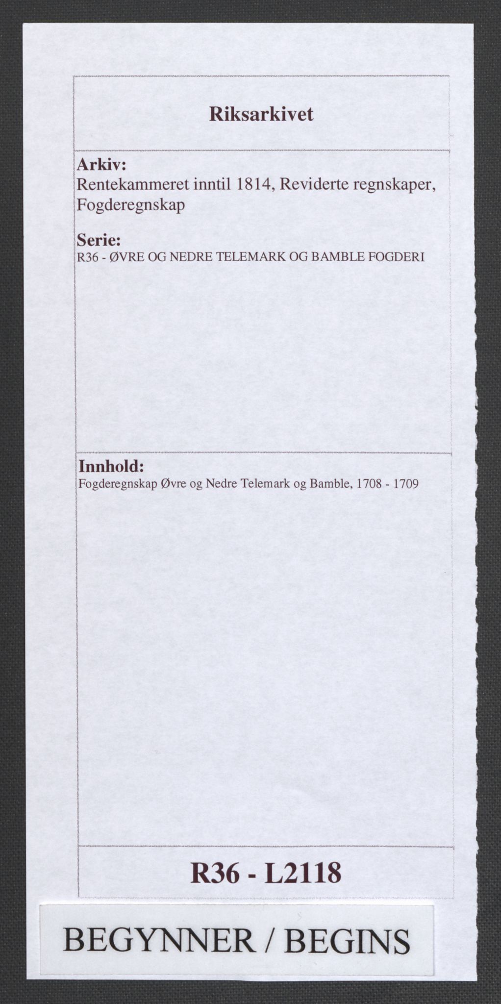 Rentekammeret inntil 1814, Reviderte regnskaper, Fogderegnskap, RA/EA-4092/R36/L2118: Fogderegnskap Øvre og Nedre Telemark og Bamble, 1708-1709, p. 1