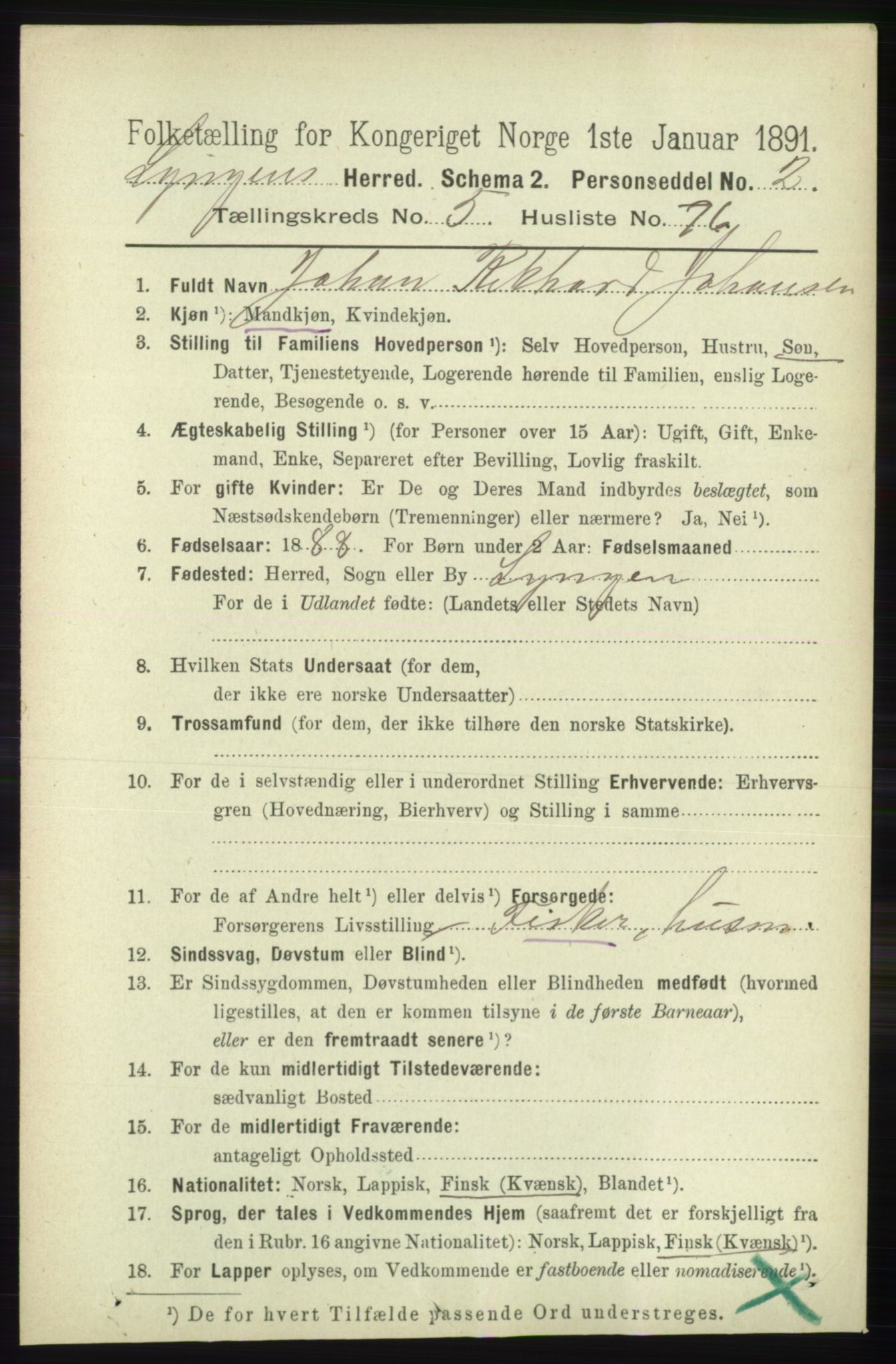 RA, 1891 census for 1938 Lyngen, 1891, p. 4905