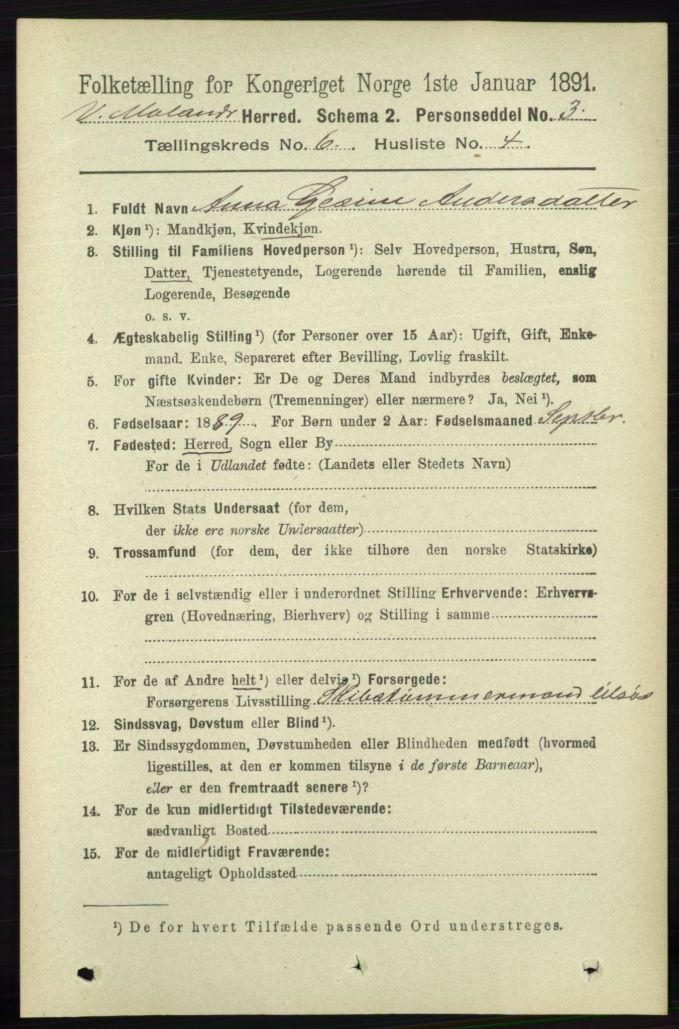 RA, 1891 census for 0926 Vestre Moland, 1891, p. 2364