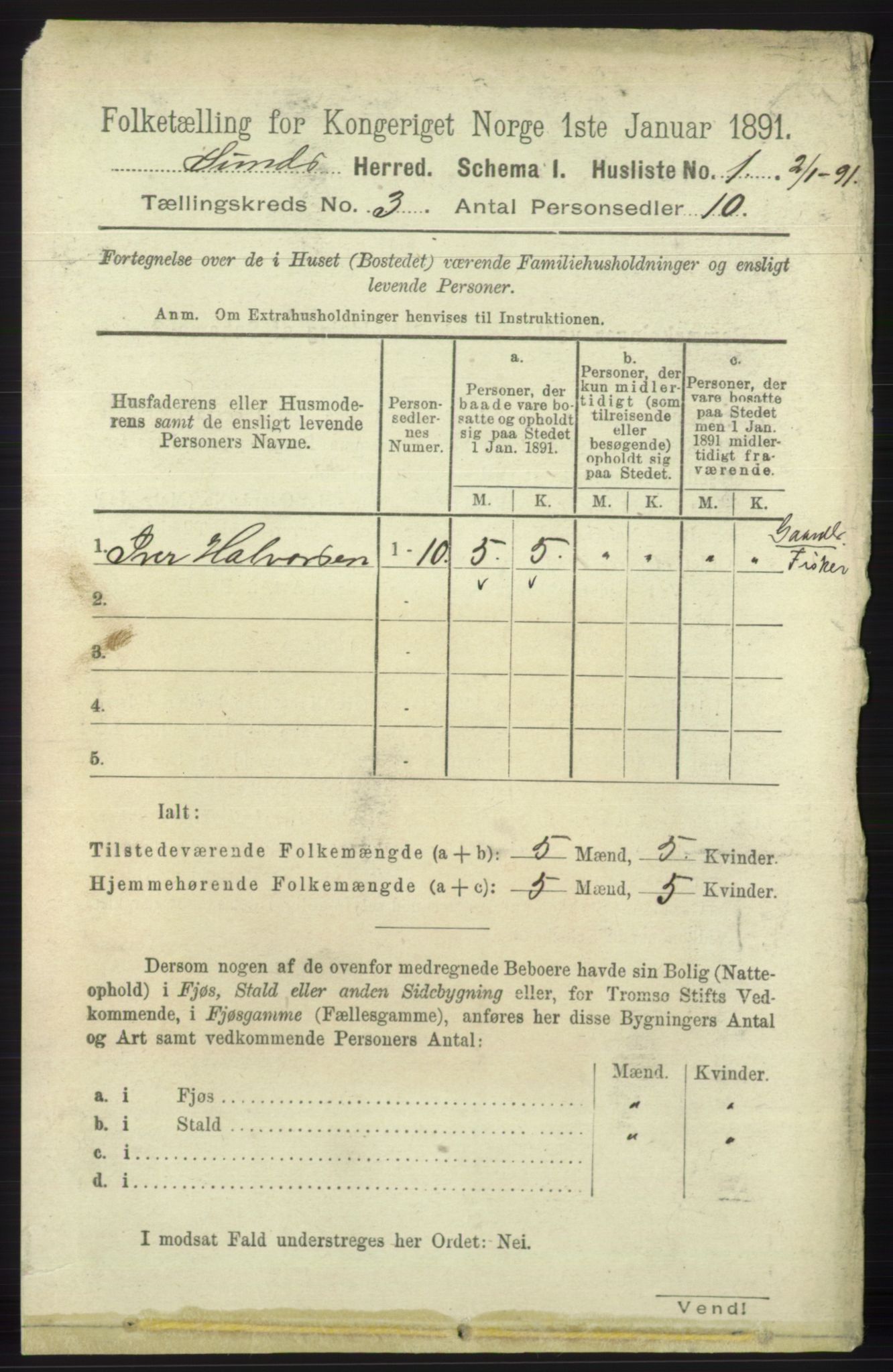 RA, 1891 census for 1245 Sund, 1891, p. 1130