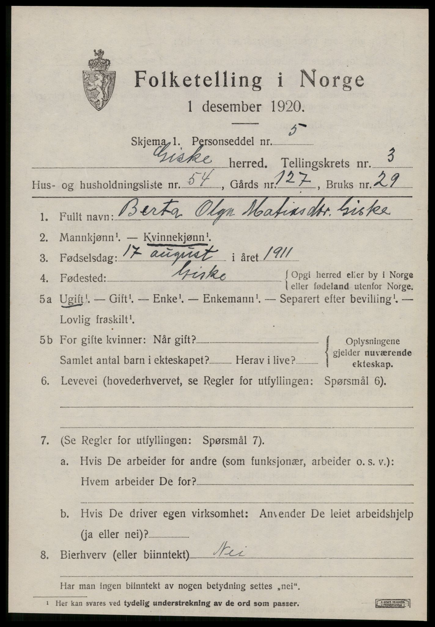 SAT, 1920 census for Giske, 1920, p. 2592