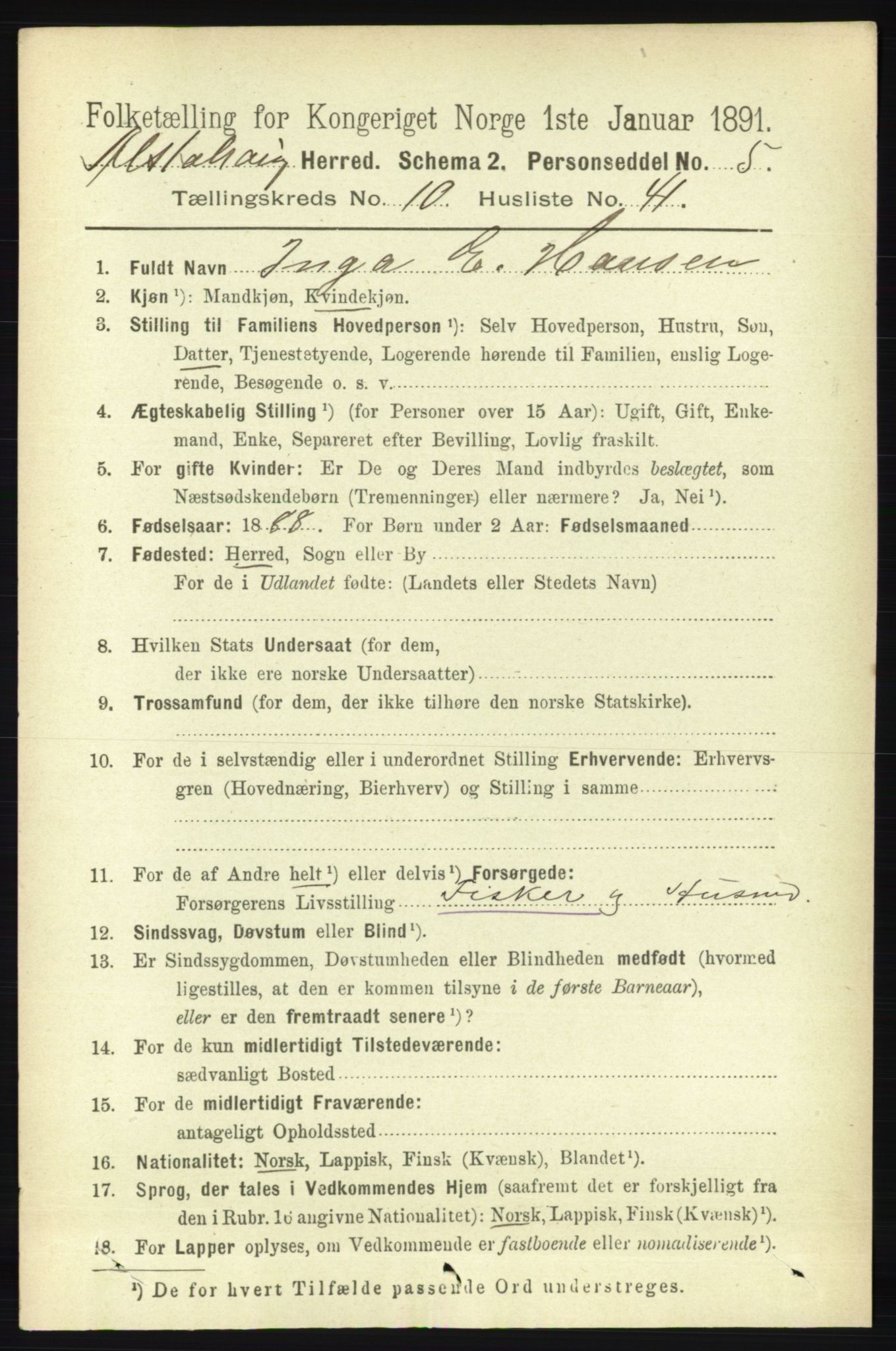 RA, 1891 census for 1820 Alstahaug, 1891, p. 3810