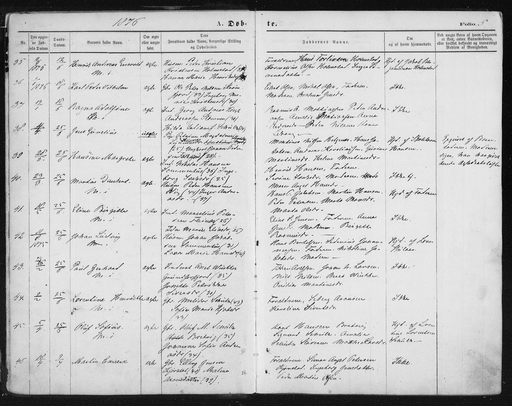 Ministerialprotokoller, klokkerbøker og fødselsregistre - Nordland, AV/SAT-A-1459/888/L1243: Parish register (official) no. 888A09, 1876-1879, p. 5