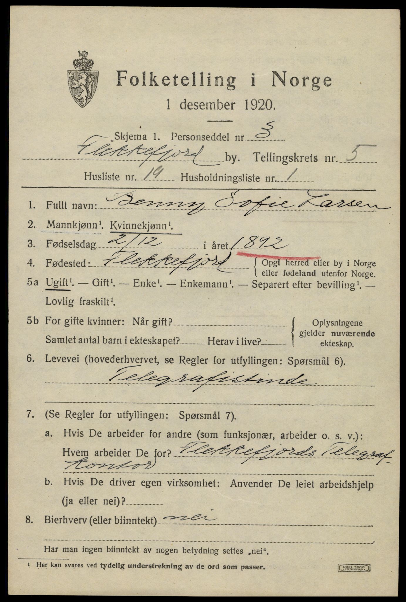 SAK, 1920 census for Flekkefjord, 1920, p. 5460