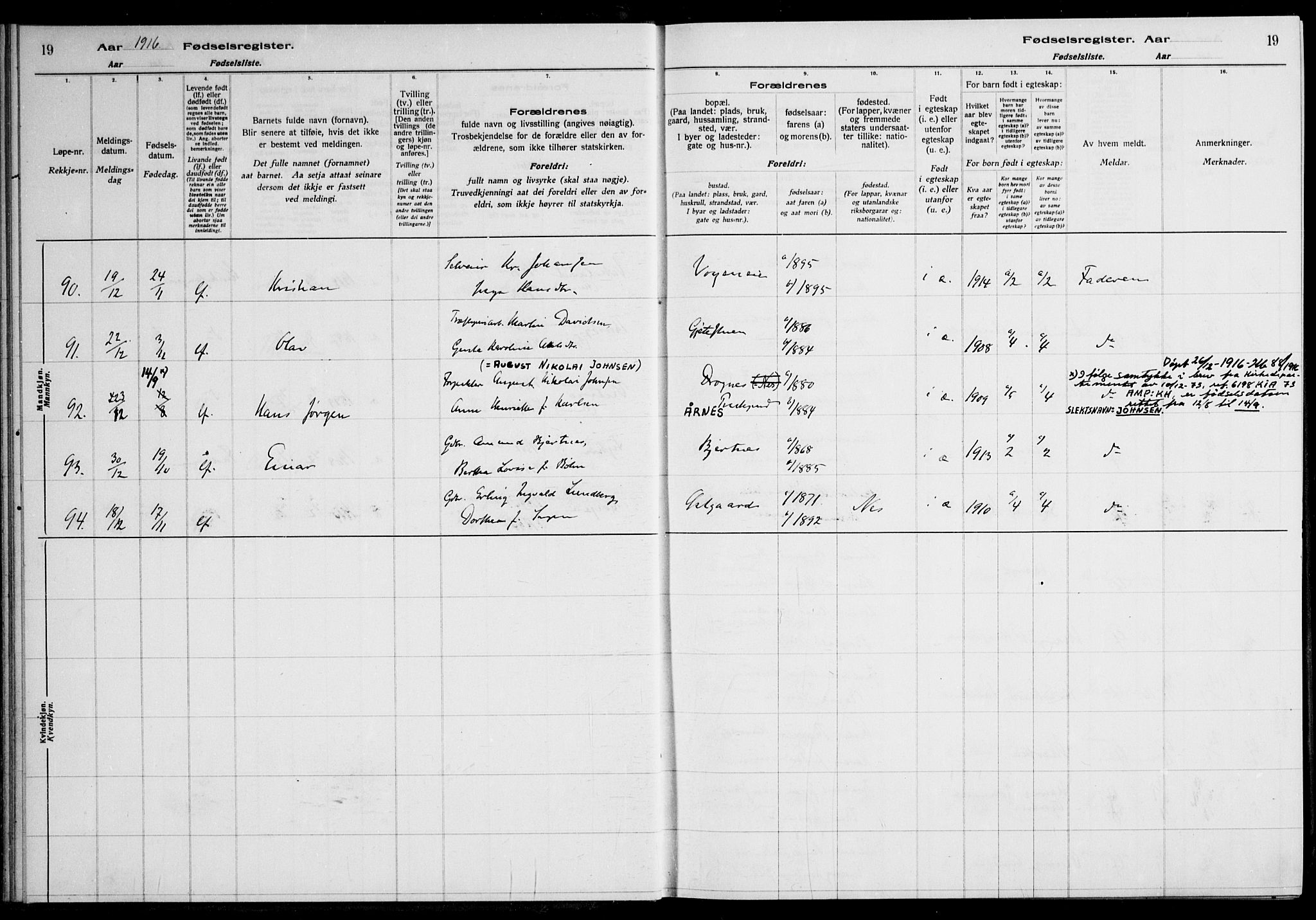 Nes prestekontor Kirkebøker, AV/SAO-A-10410/J/Ja/L0001: Birth register no. 1, 1916-1926, p. 19