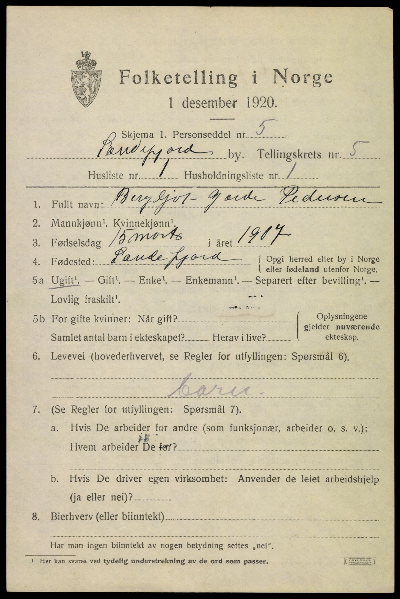 SAKO, 1920 census for Sandefjord, 1920, p. 8424