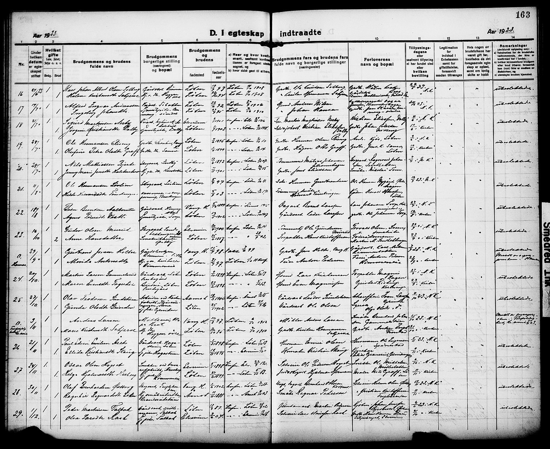 Løten prestekontor, AV/SAH-PREST-022/L/La/L0008: Parish register (copy) no. 8, 1920-1929, p. 163