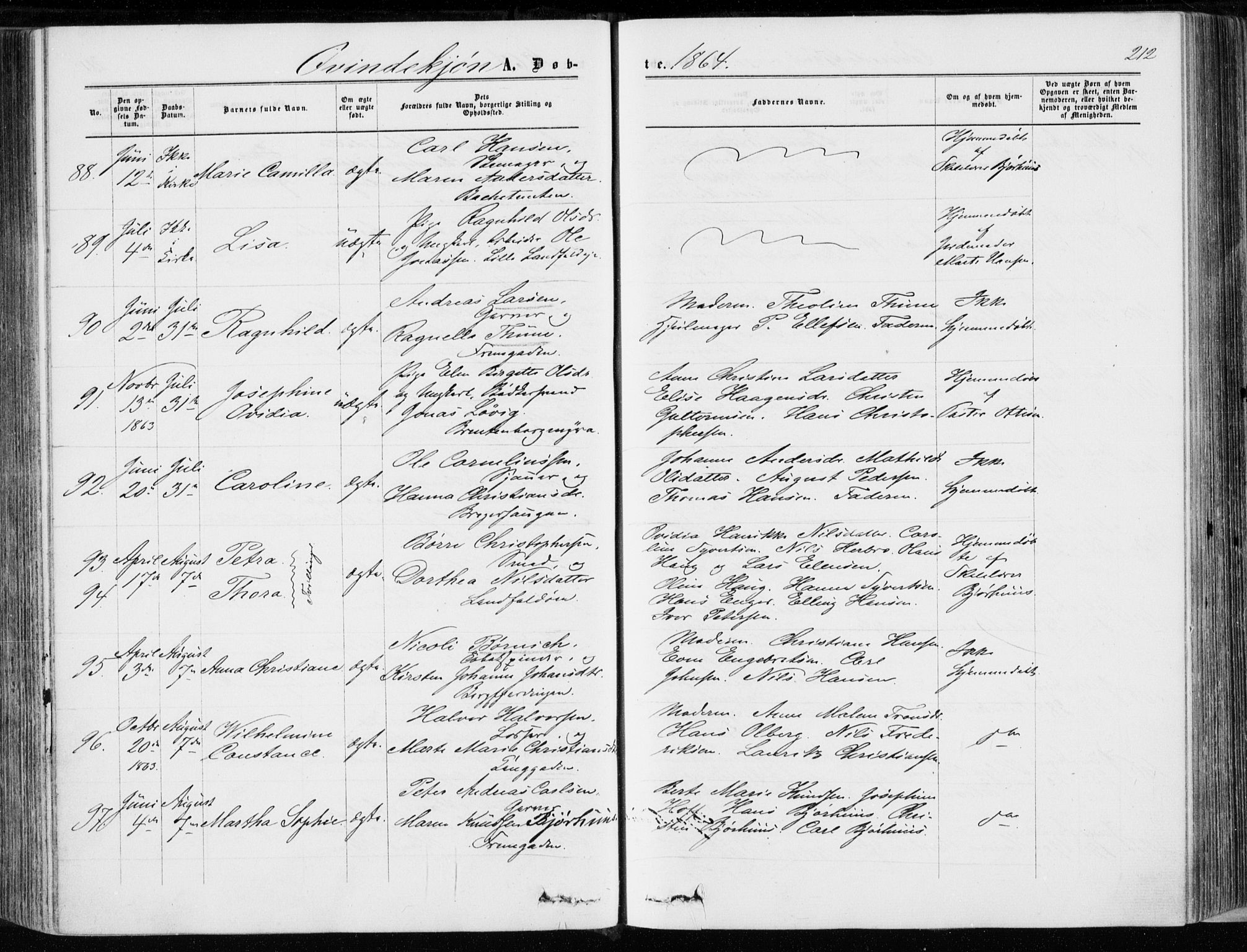 Bragernes kirkebøker, AV/SAKO-A-6/F/Fb/L0003: Parish register (official) no. II 3, 1860-1868, p. 212