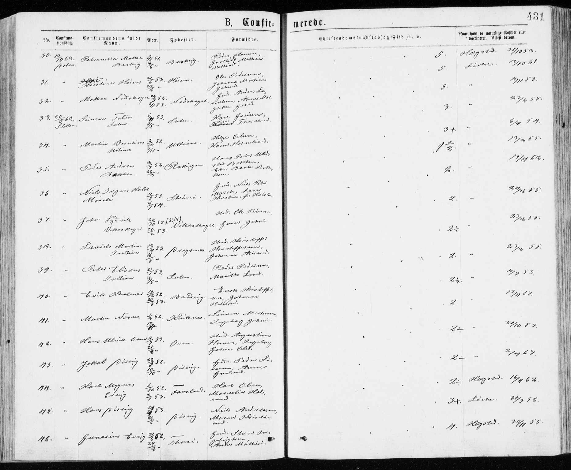 Ministerialprotokoller, klokkerbøker og fødselsregistre - Sør-Trøndelag, AV/SAT-A-1456/640/L0576: Parish register (official) no. 640A01, 1846-1876, p. 431