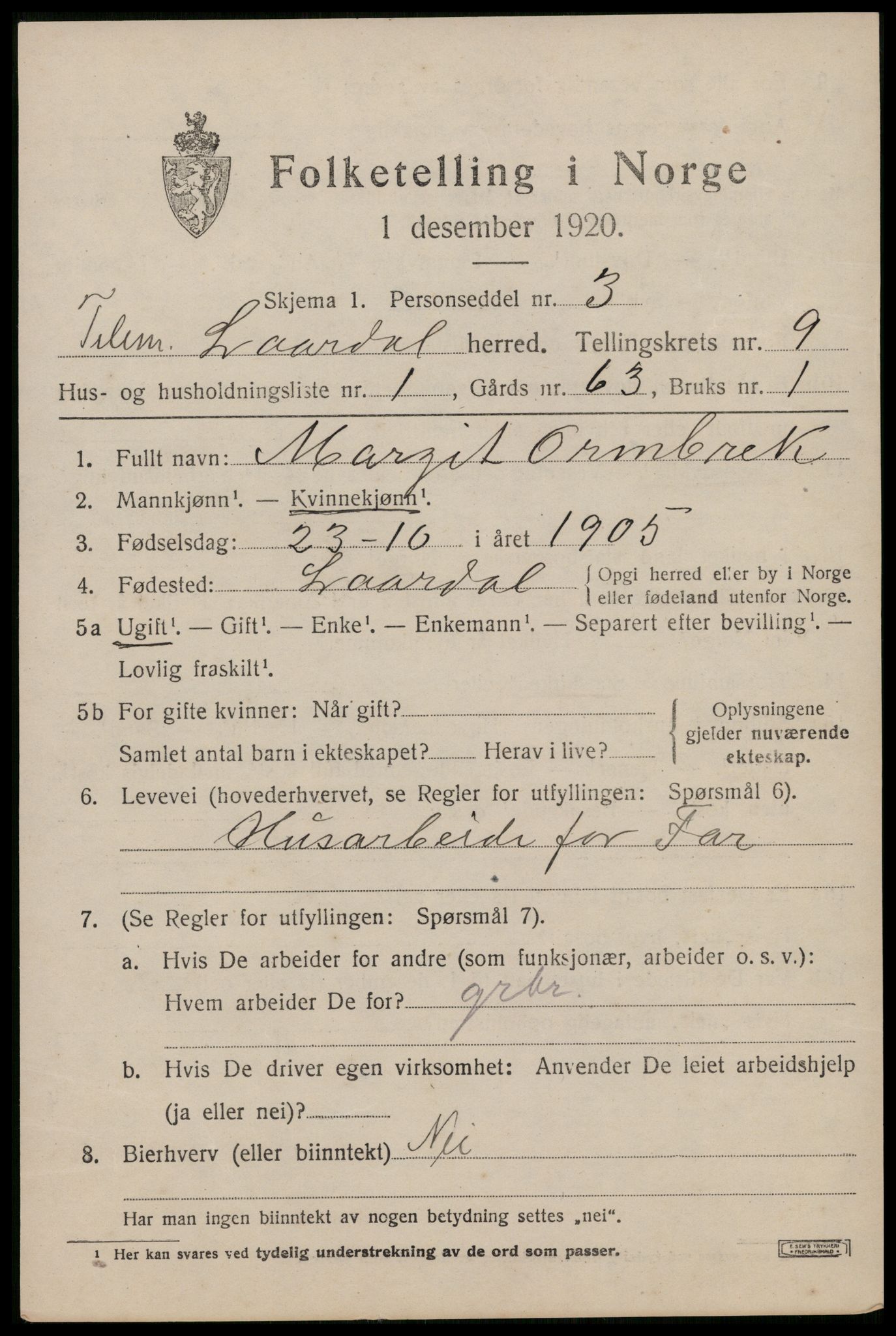 SAKO, 1920 census for Lårdal, 1920, p. 3179