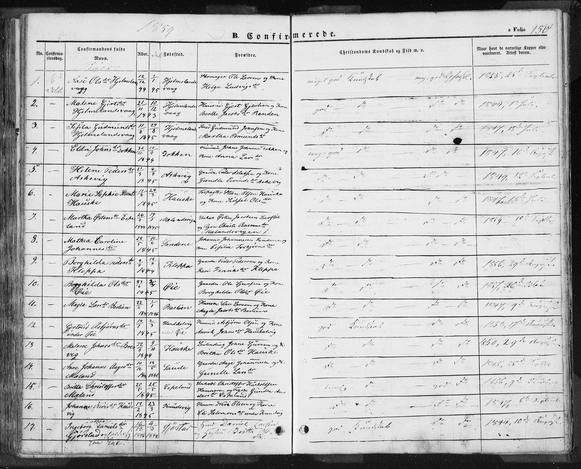 Hjelmeland sokneprestkontor, AV/SAST-A-101843/01/IV/L0009: Parish register (official) no. A 9, 1846-1860, p. 150