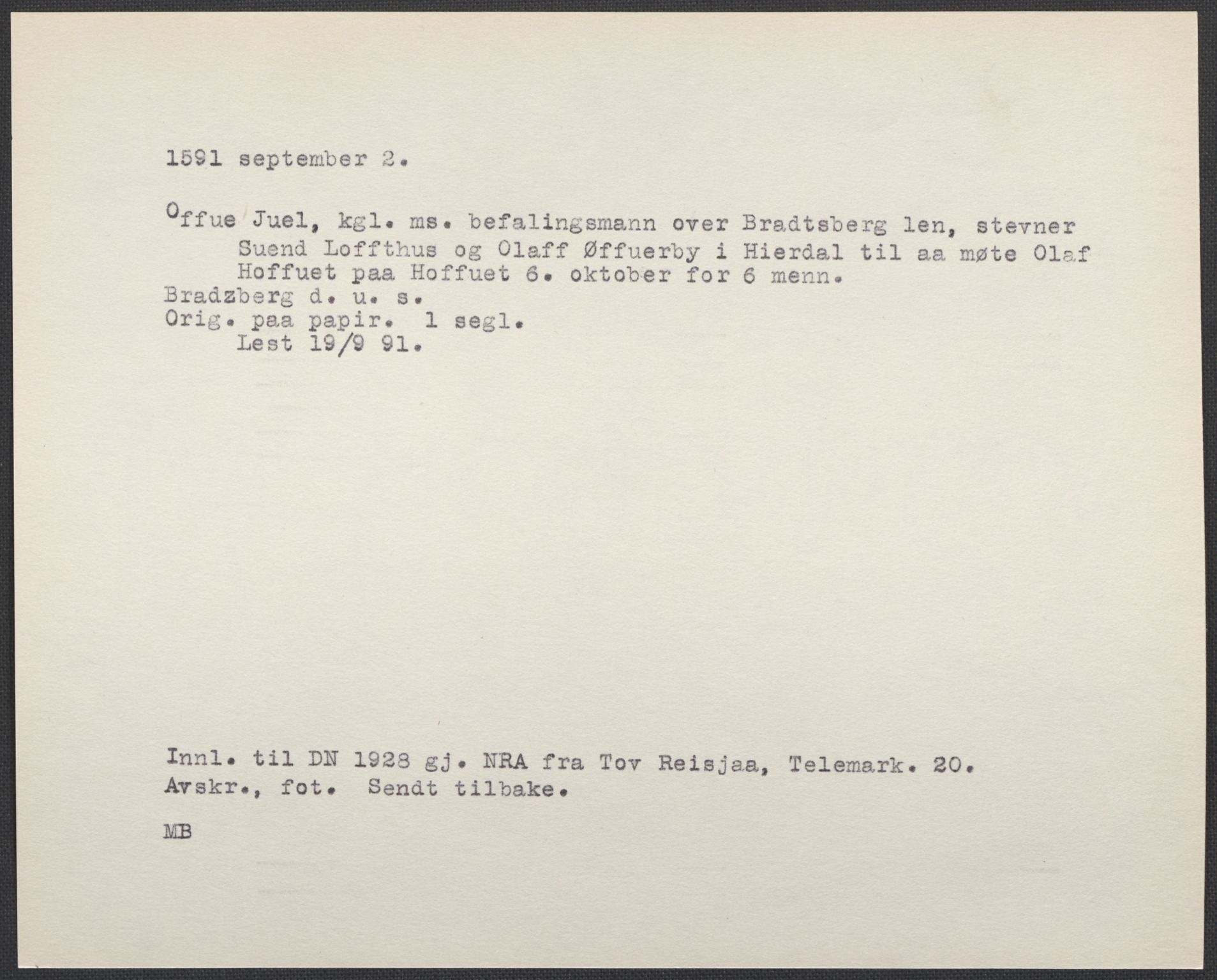 Riksarkivets diplomsamling, AV/RA-EA-5965/F02/L0094: Dokumenter, 1591, p. 33