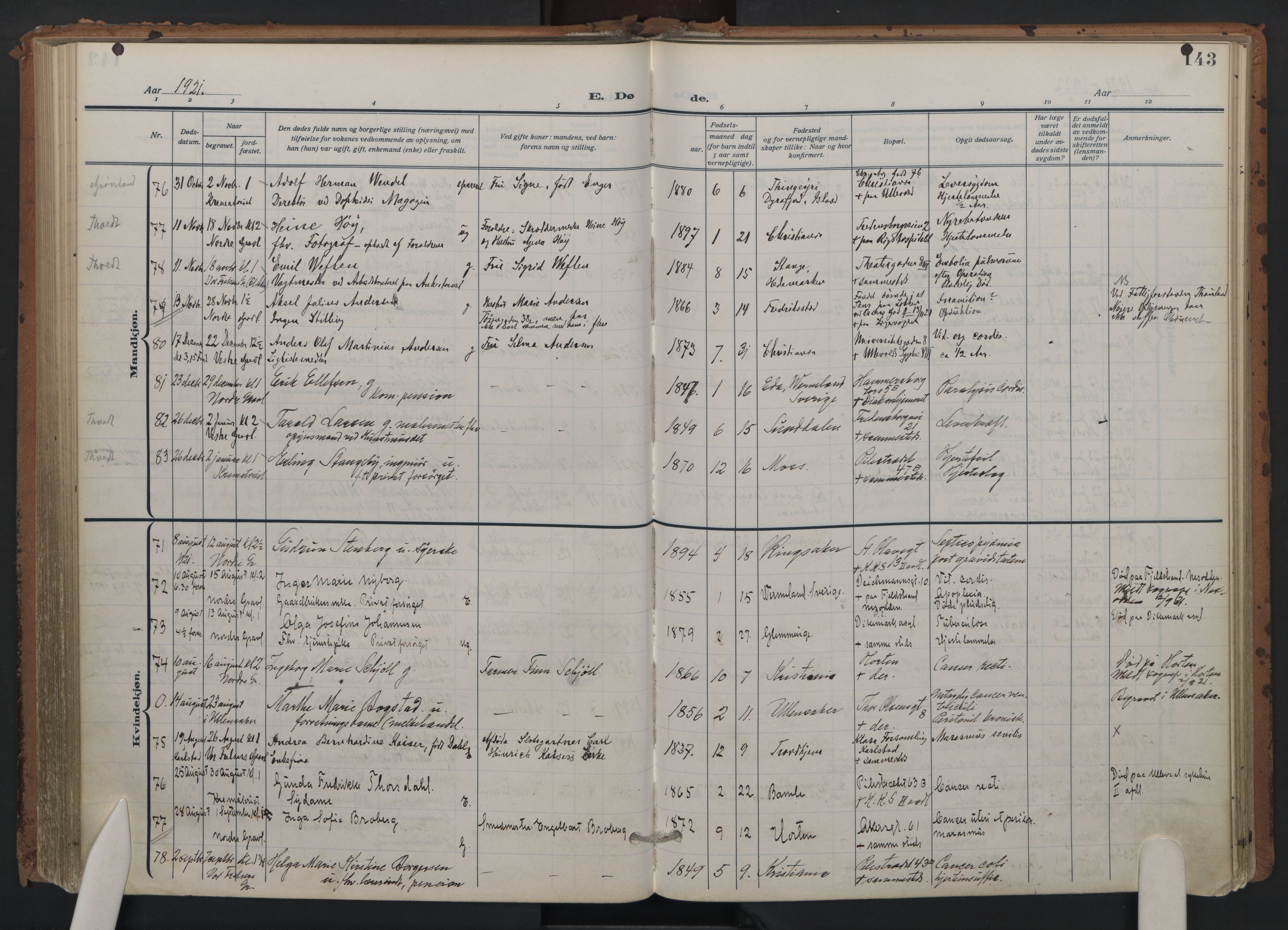 Trefoldighet prestekontor Kirkebøker, AV/SAO-A-10882/F/Fd/L0005: Parish register (official) no. IV 5, 1912-1929, p. 143