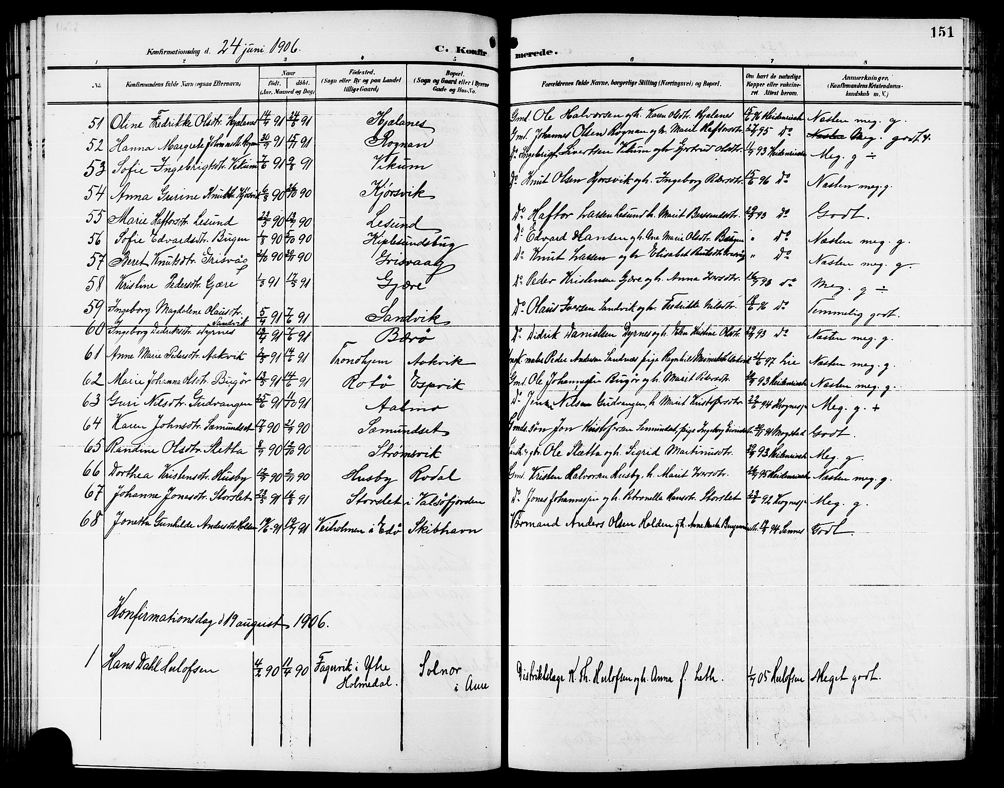 Ministerialprotokoller, klokkerbøker og fødselsregistre - Møre og Romsdal, AV/SAT-A-1454/578/L0910: Parish register (copy) no. 578C03, 1900-1921, p. 151