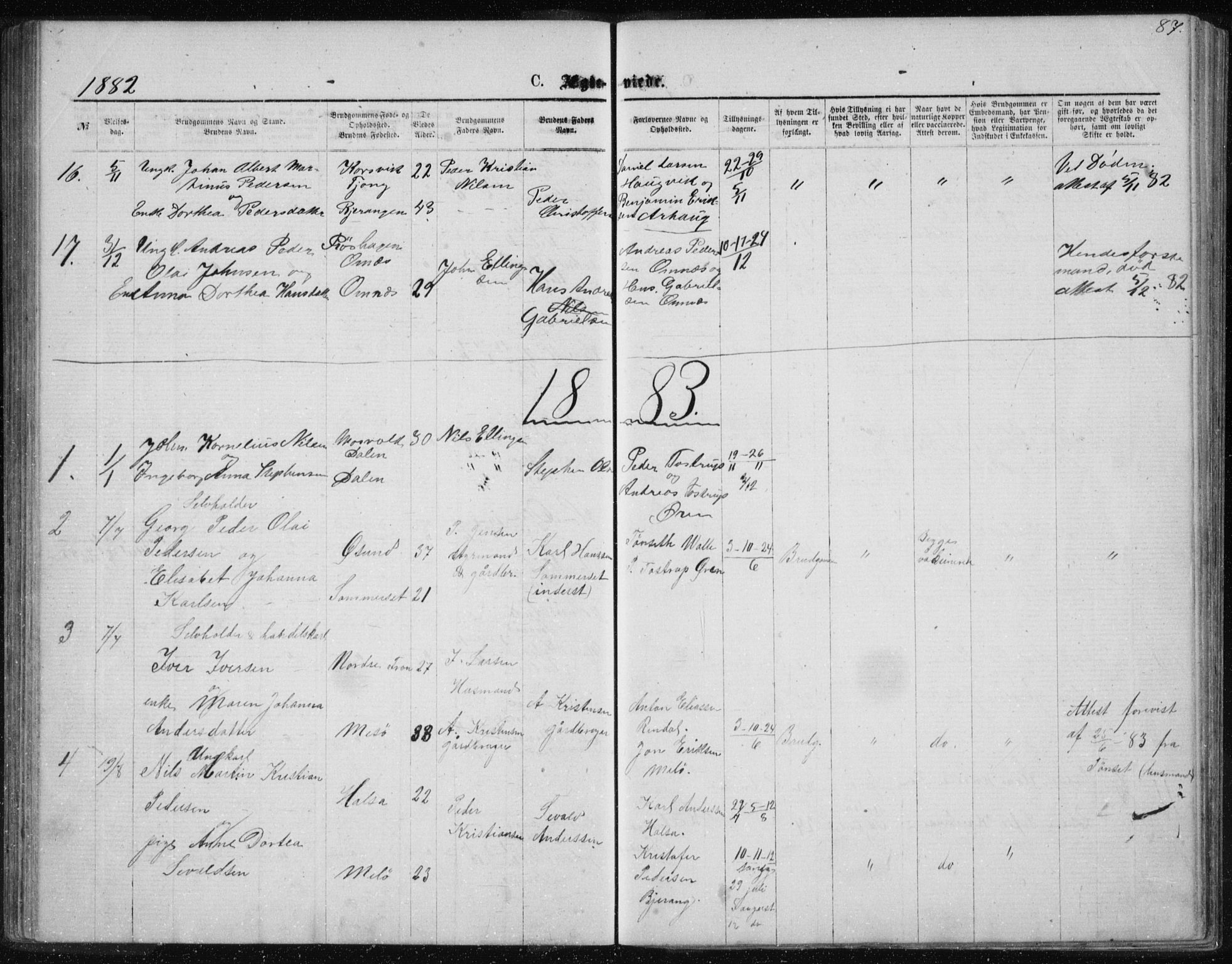 Ministerialprotokoller, klokkerbøker og fødselsregistre - Nordland, SAT/A-1459/843/L0635: Parish register (copy) no. 843C04, 1872-1887, p. 87